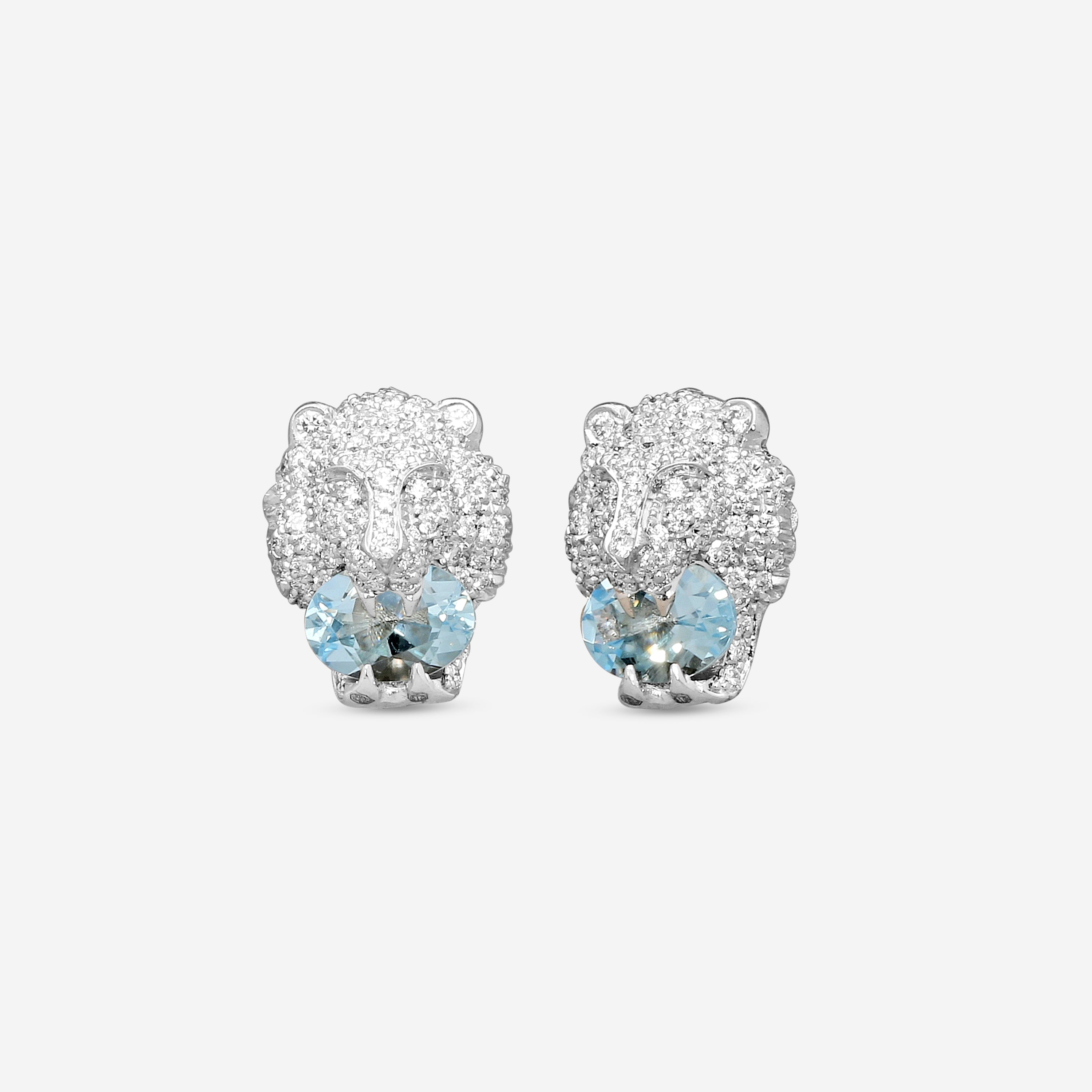 Gucci Lion Head 18K White Gold Aquamarine and Diamond Earrings YBD60986800200U