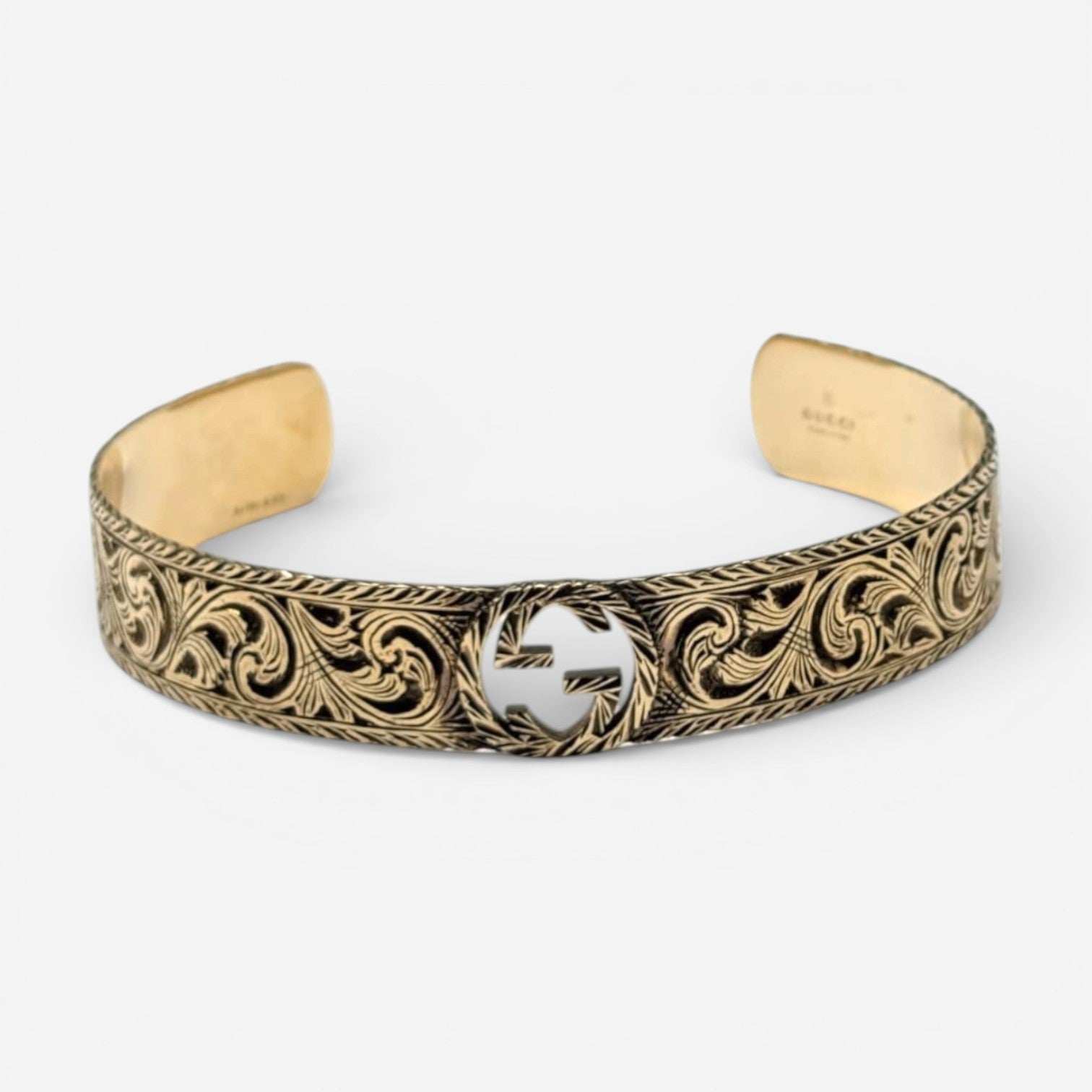 Gucci Interlocking GG 18K Yellow Gold Logo Engraved Cuff Bracelet YBA5798940010