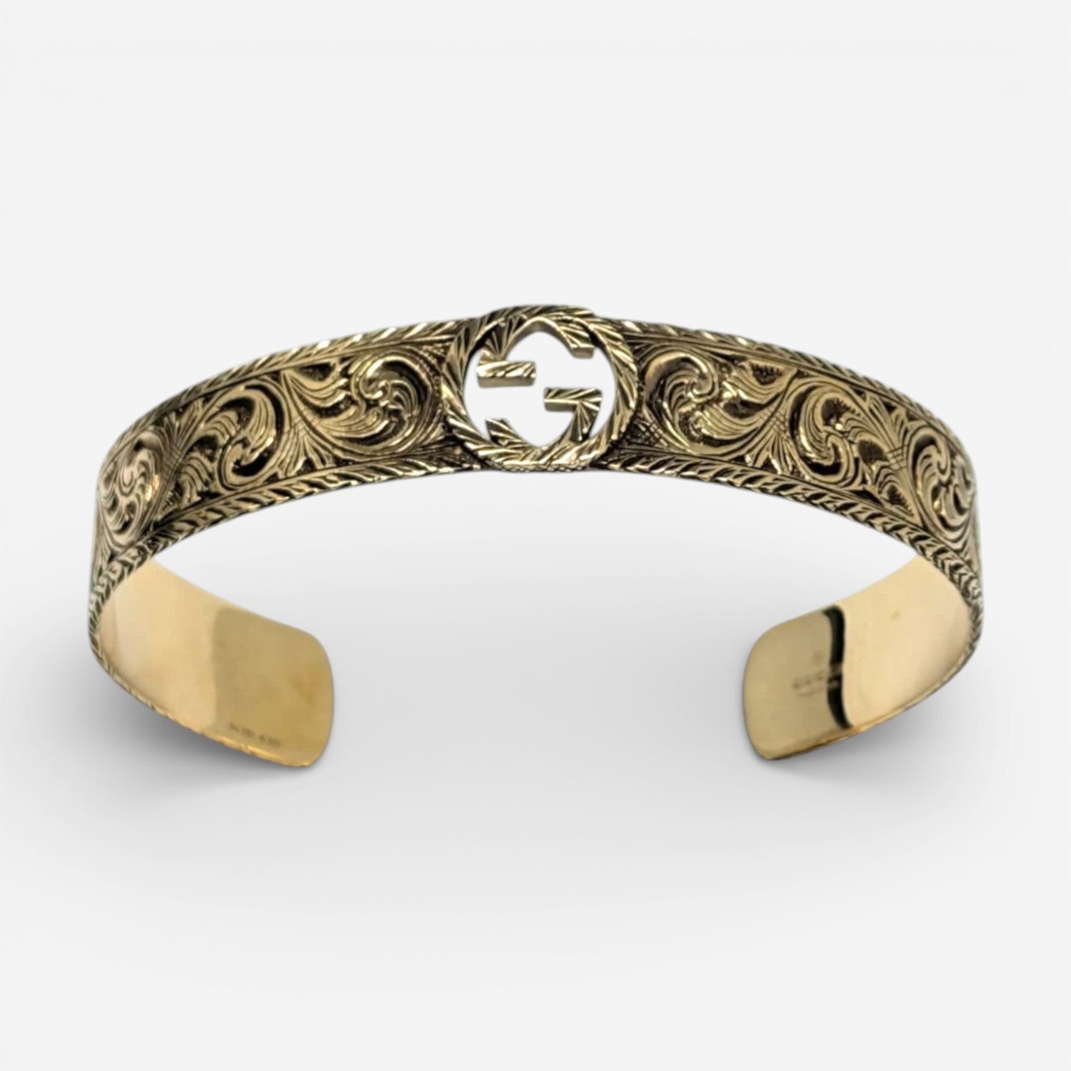 Gucci Interlocking GG 18K Yellow Gold Logo Engraved Cuff Bracelet YBA5798940010 — view 3