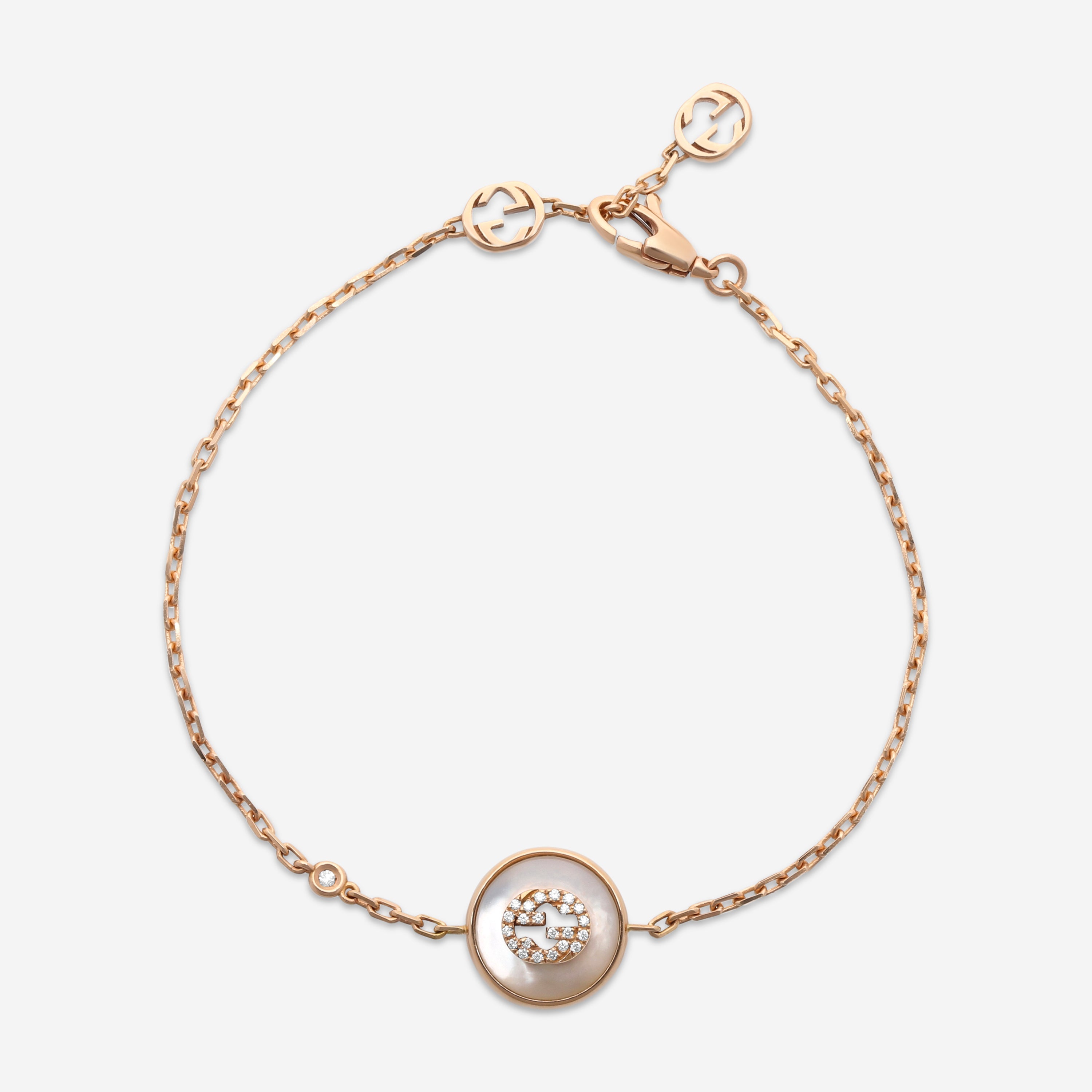 Gucci Interlocking G 18K Rose Gold Mother of Pearl and Diamond Bracelet YBA786749001016