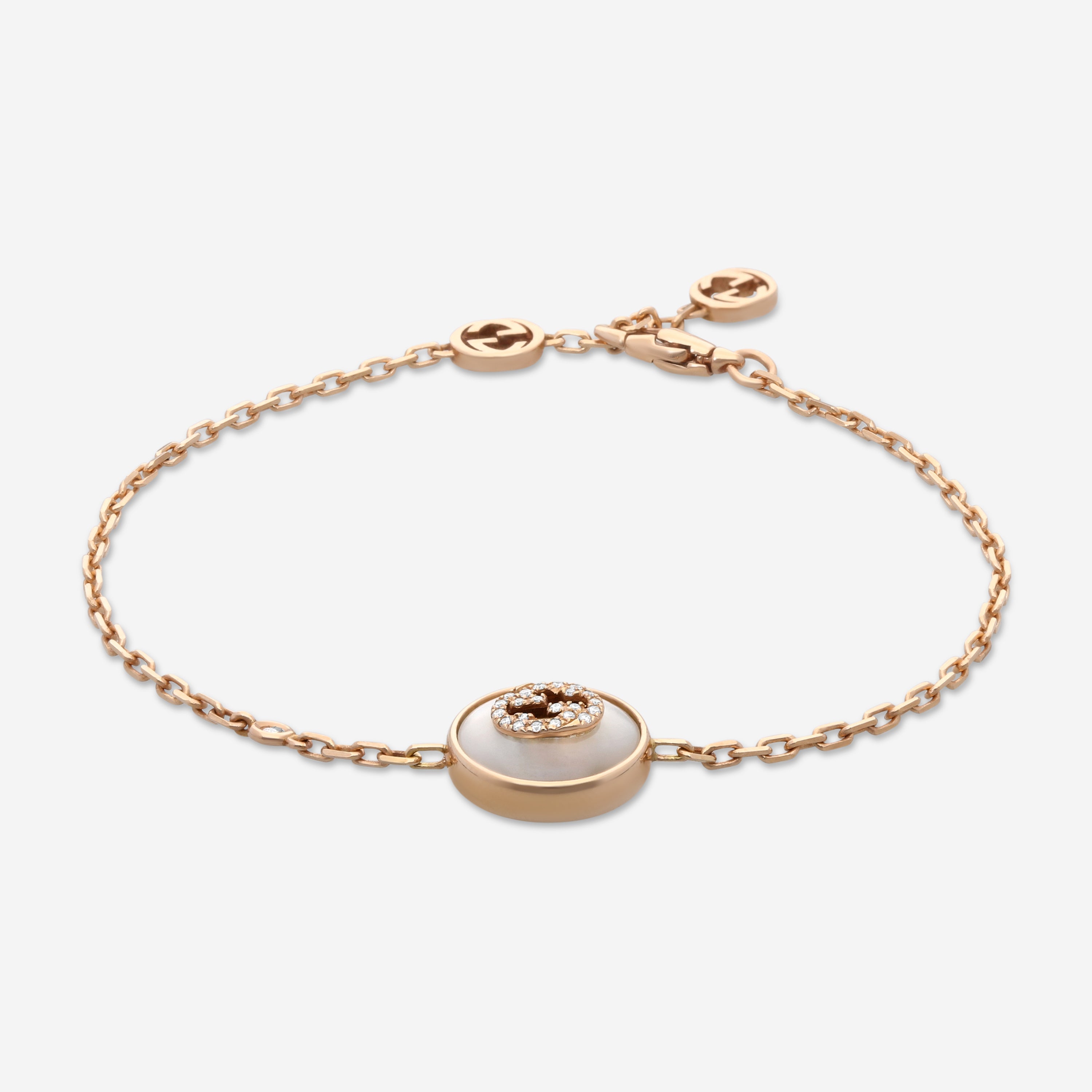 Gucci Interlocking G 18K Rose Gold Mother of Pearl and Diamond Bracelet YBA786749001016 — view 2