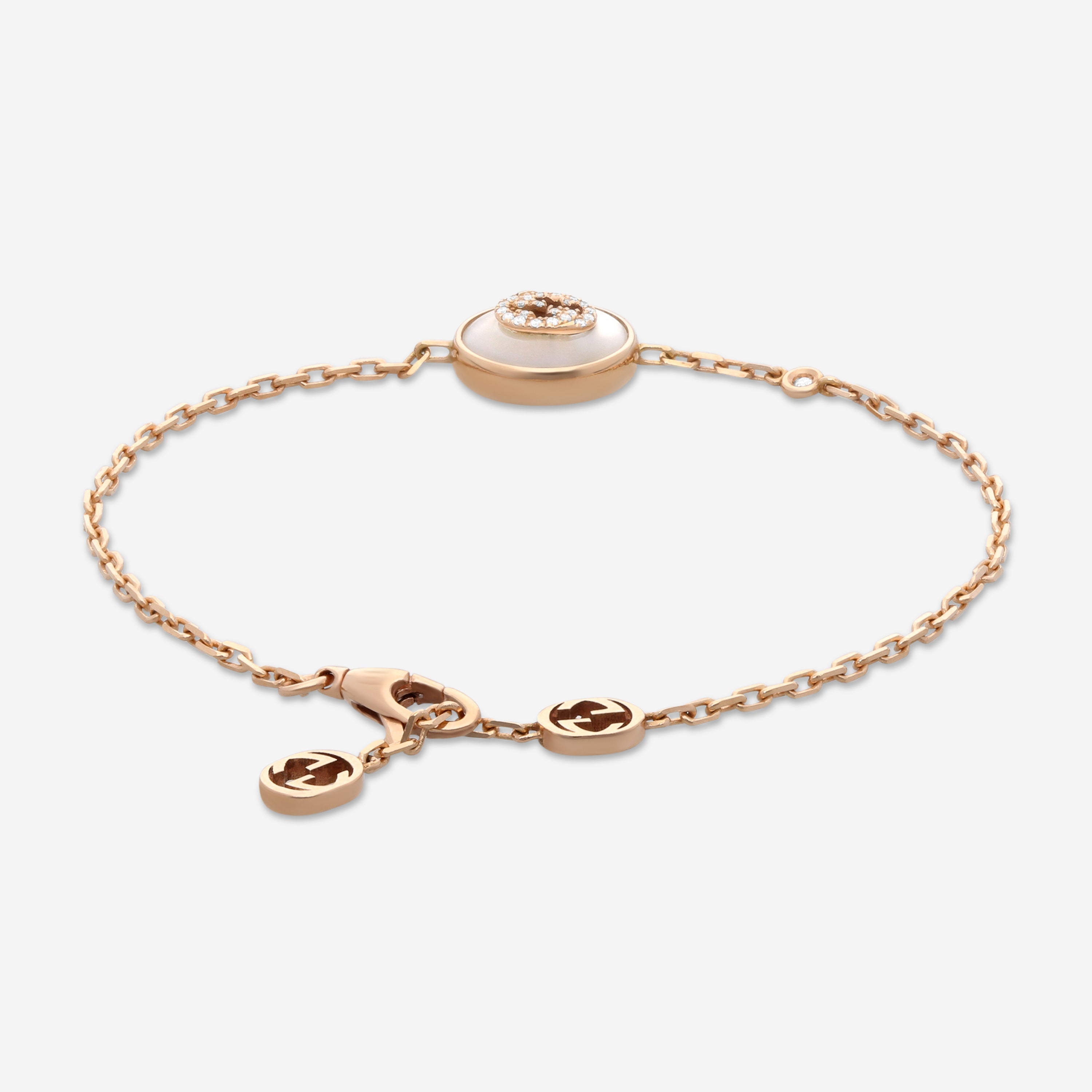 Gucci Interlocking G 18K Rose Gold Mother of Pearl and Diamond Bracelet YBA786749001016 — view 3