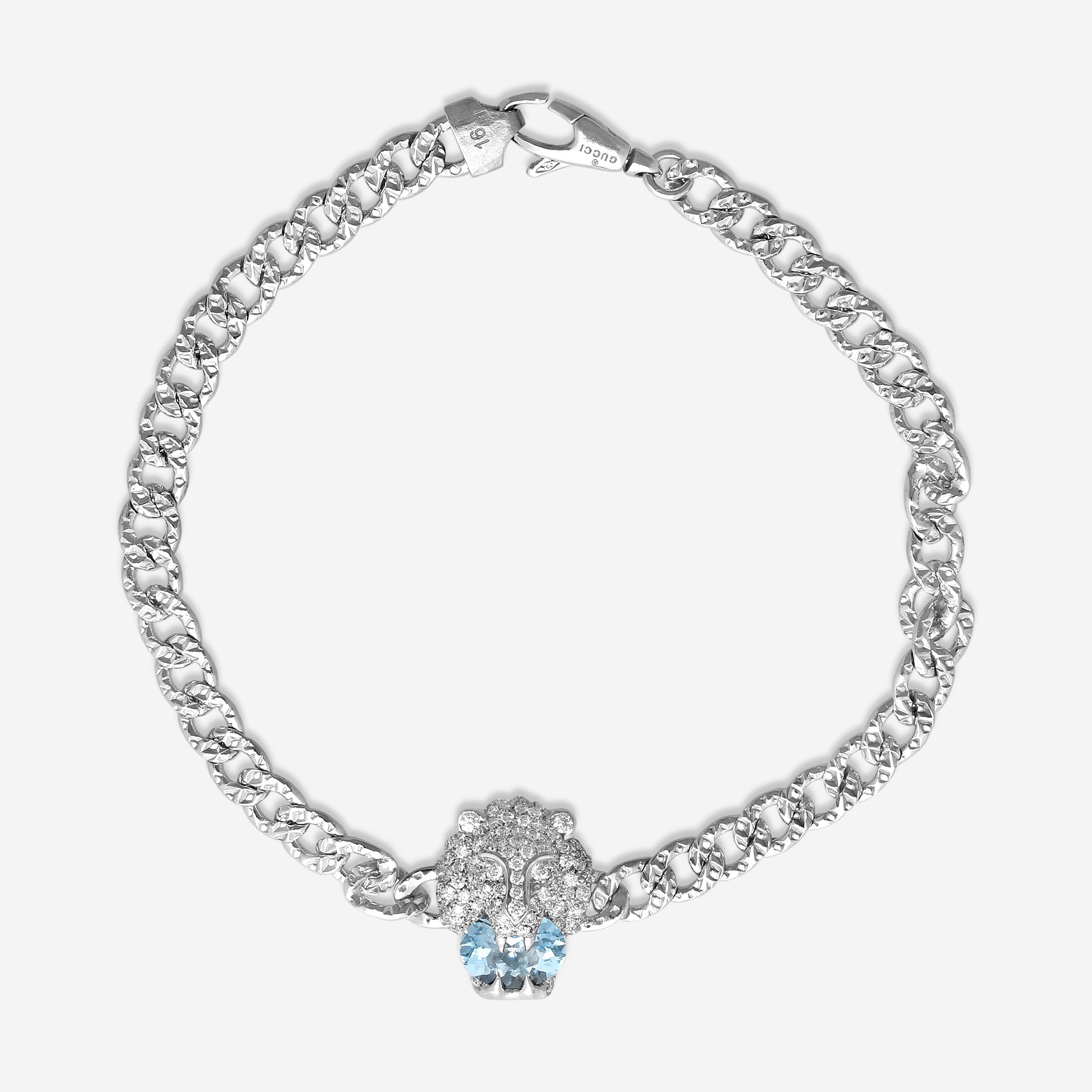Gucci Lion Head 18K White Gold Aquamarine & Diamond Bracelet YBA627698001016