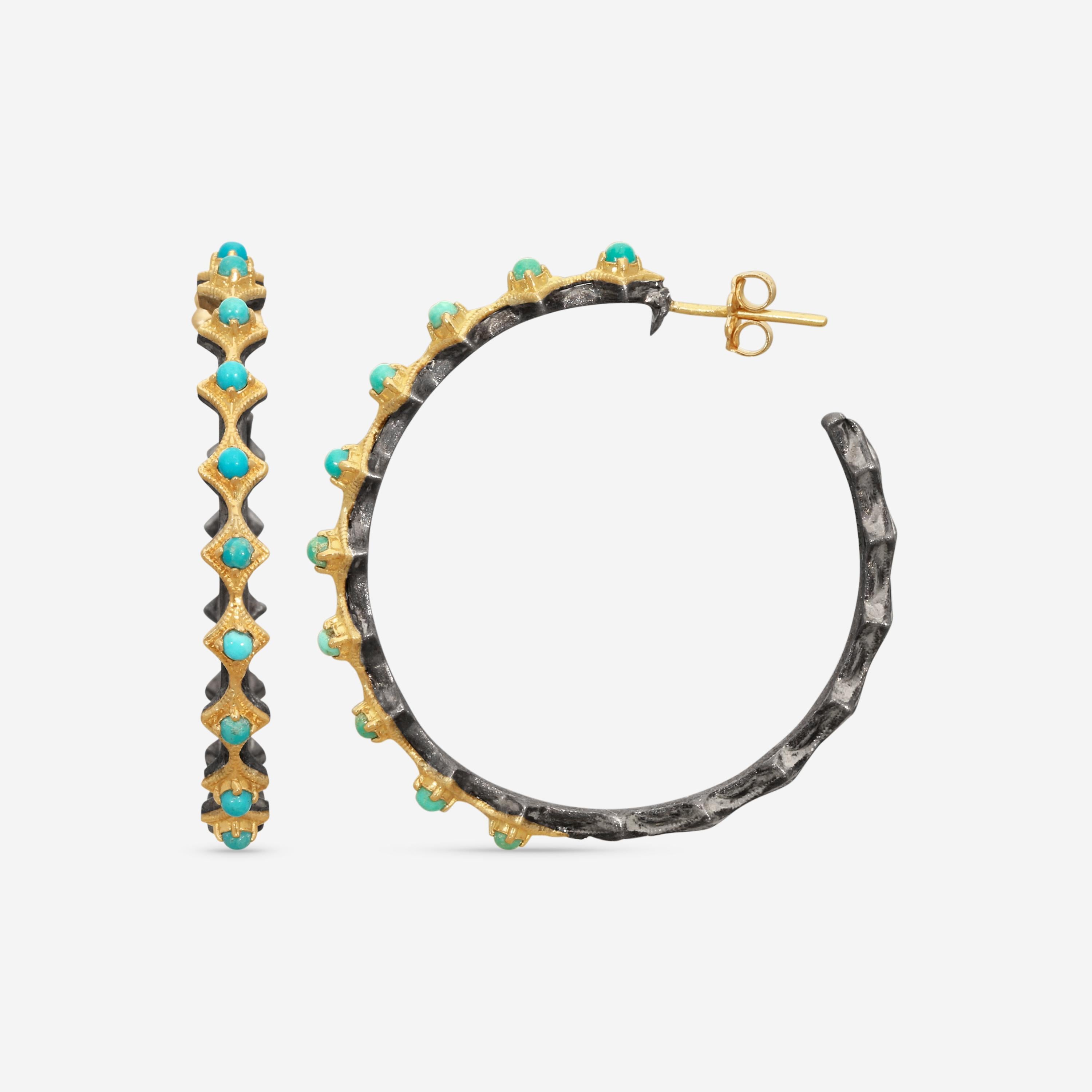 Armenta 18K Yellow & Grey Sterling Silver Turquoise Crivelli Hoop Earrings 21812 — view 3
