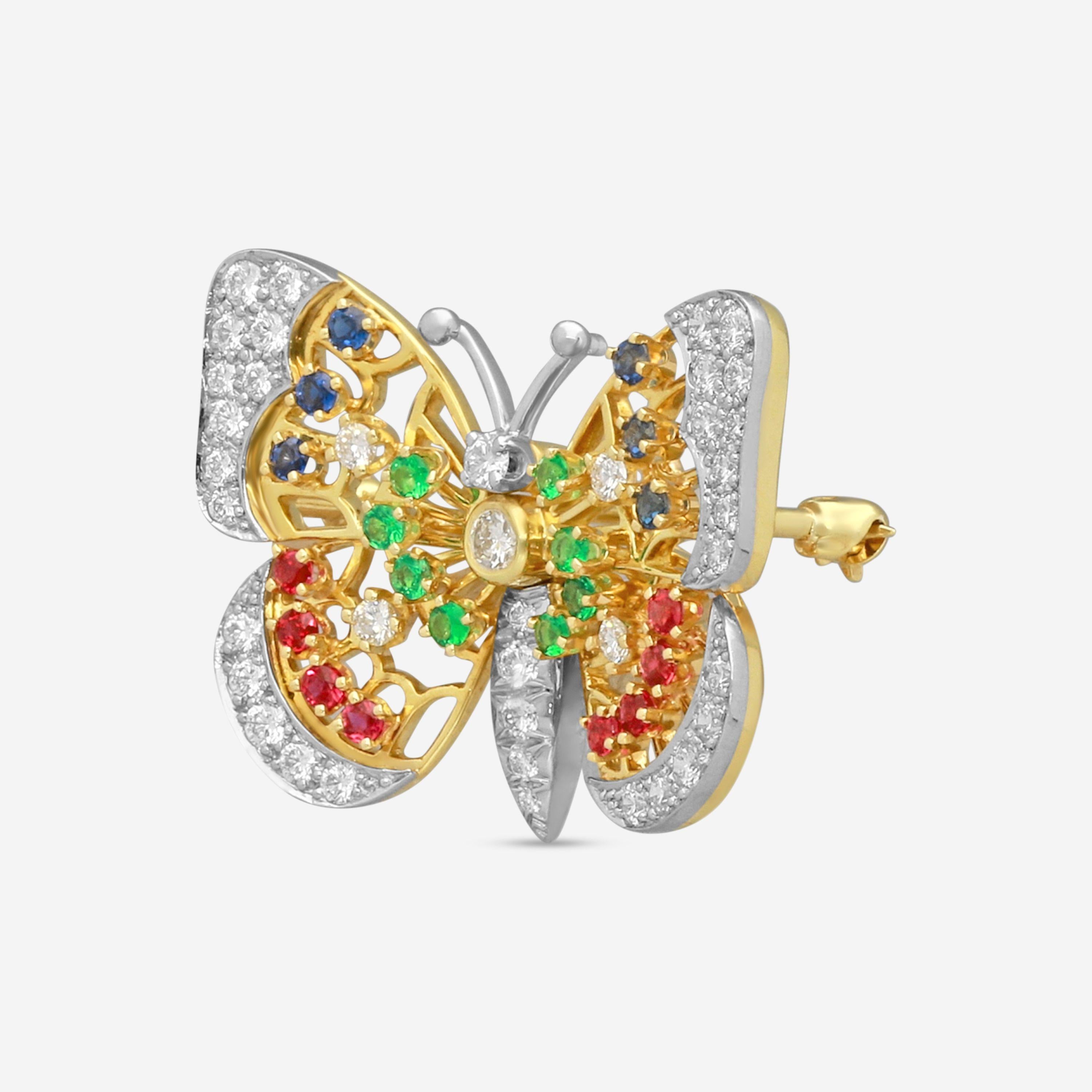 Suna 18K Yellow Gold & Platinum Multi-Gemstone Butterfly Pin P7091T — view 2