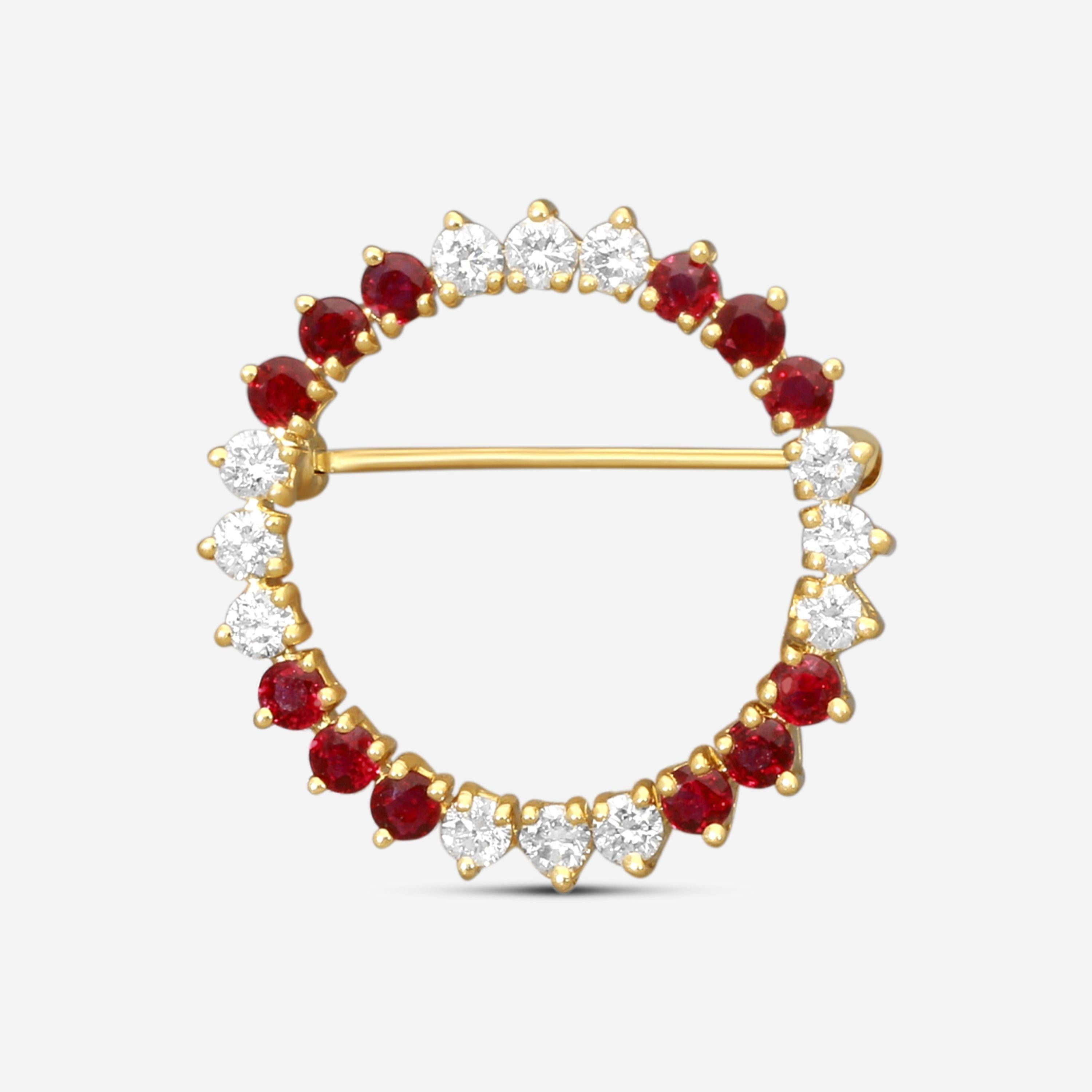 Suna 18K Yellow Gold Diamond & Ruby Circle Pin P7139RY
