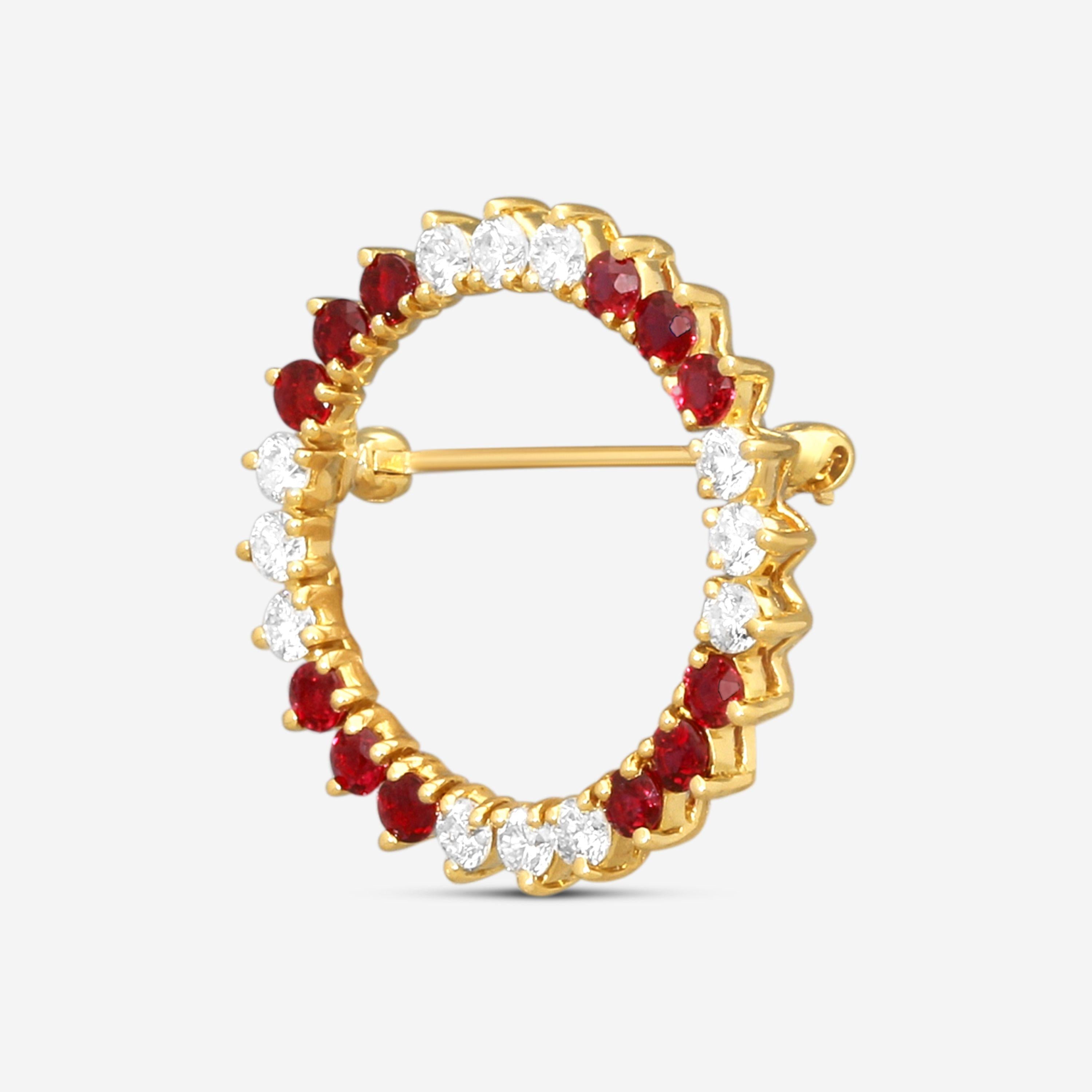 Suna 18K Yellow Gold Diamond & Ruby Circle Pin P7139RY — view 2