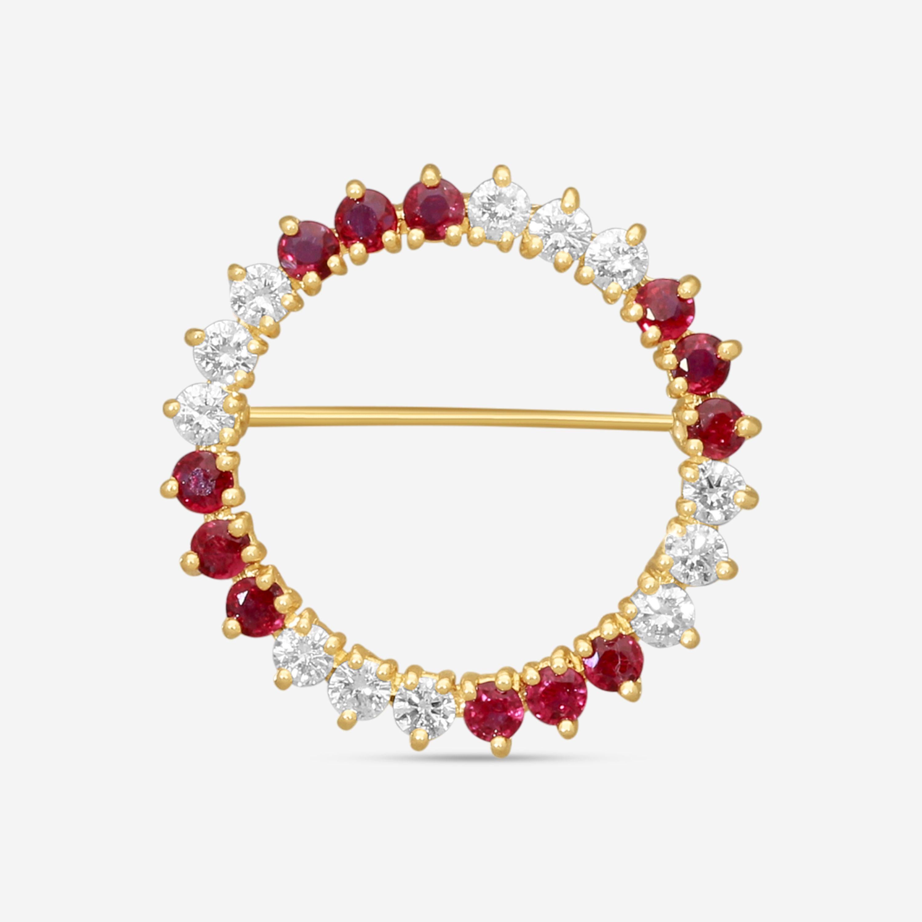 Suna 18K Yellow Gold Diamond & Ruby Circle Pin P7343RY