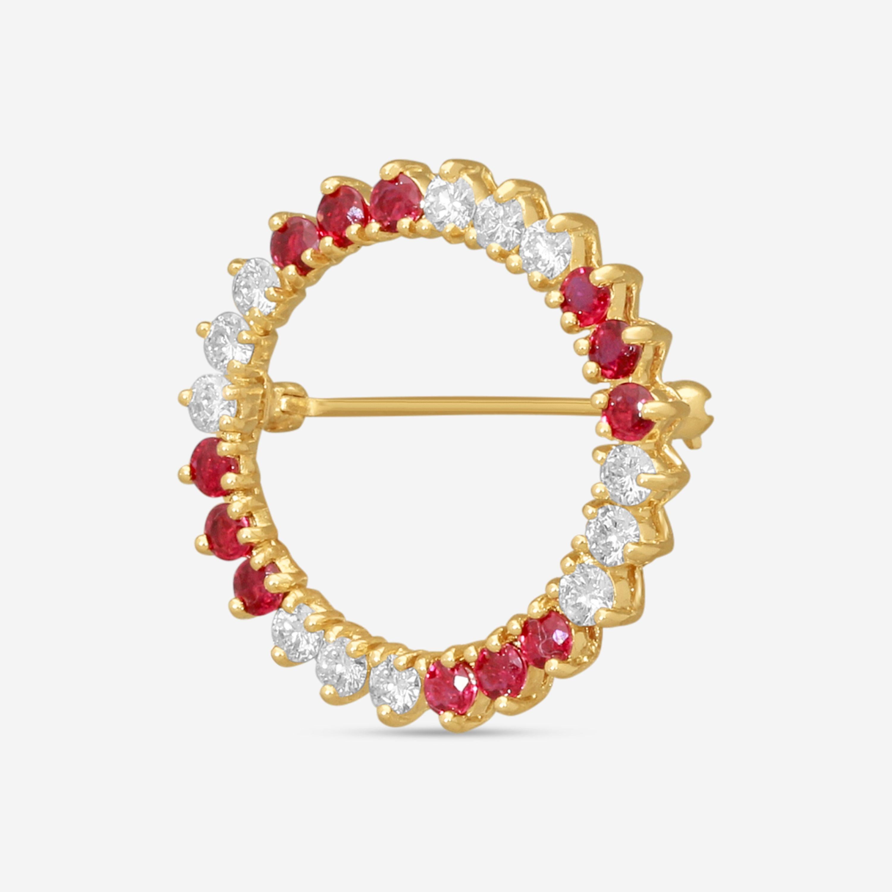 Suna 18K Yellow Gold Diamond & Ruby Circle Pin P7343RY — view 2