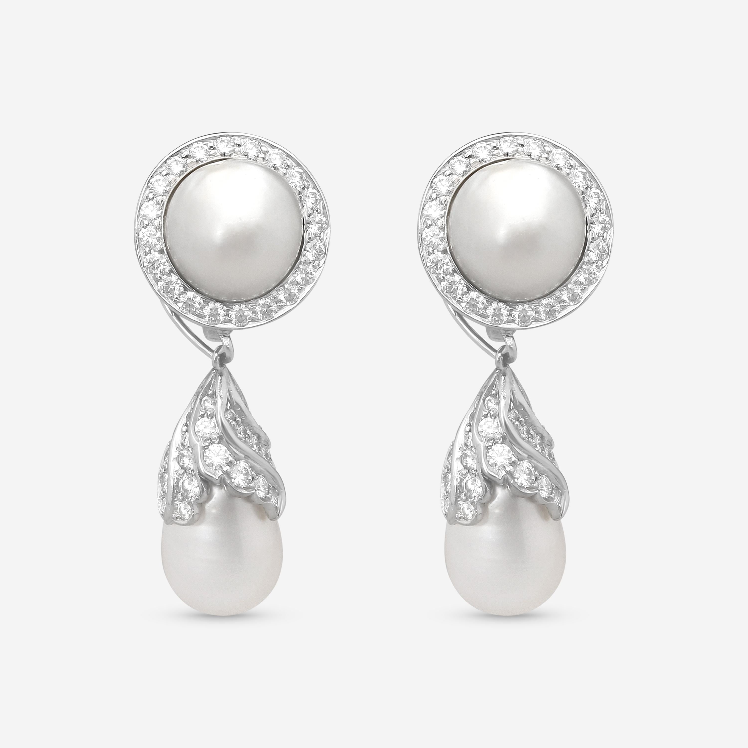 Goshwara G-One Platinum 18K Yellow Gold Natural Pearl & Diamond Drop Earrings WG