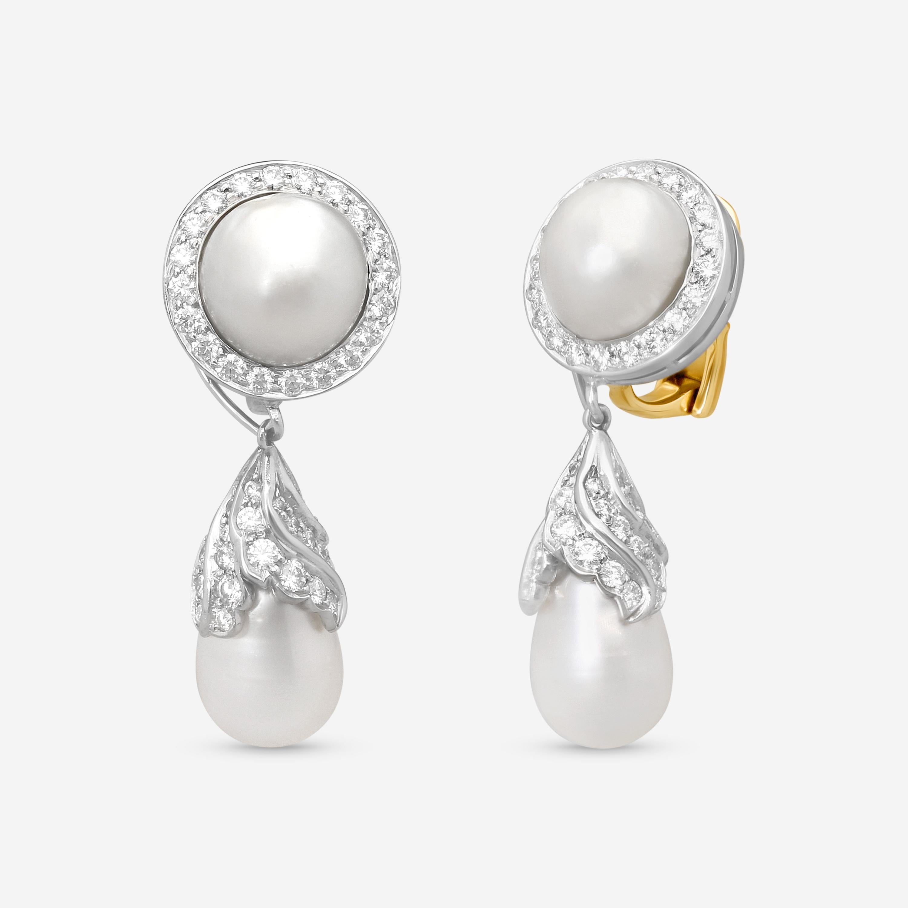 Goshwara G-One Platinum 18K Yellow Gold Natural Pearl & Diamond Drop Earrings WG — view 2