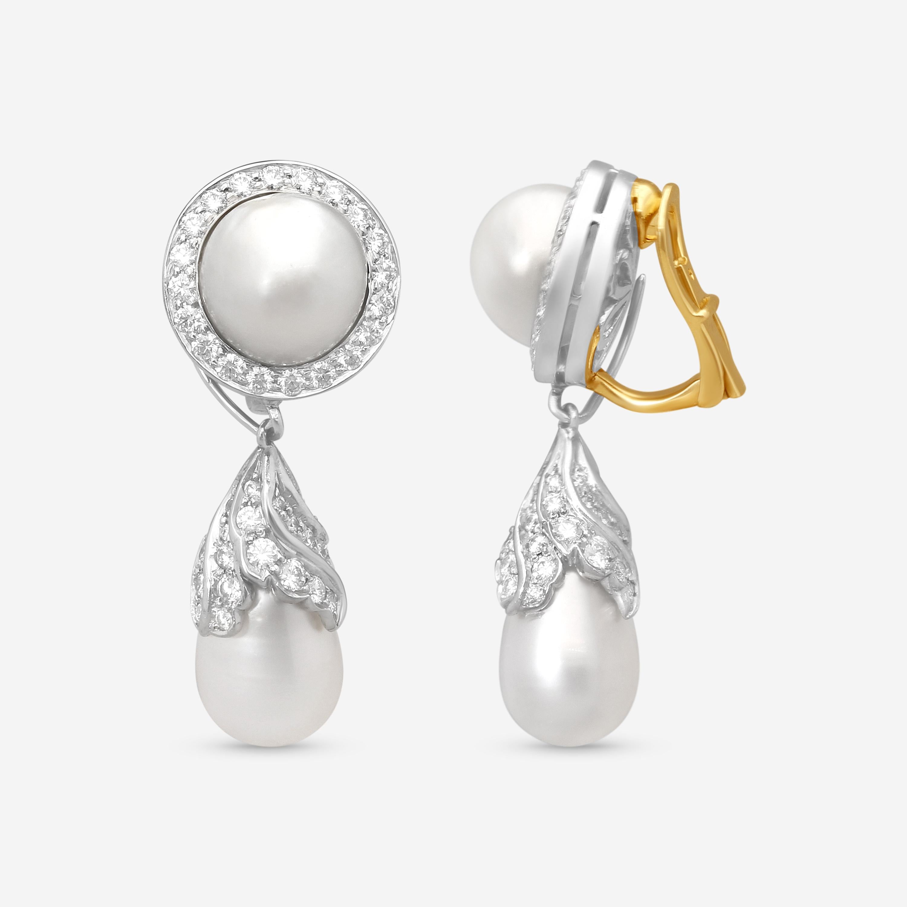 Goshwara G-One Platinum 18K Yellow Gold Natural Pearl & Diamond Drop Earrings WG — view 3