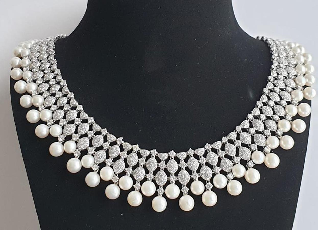 Goshwara G-One 18K White Gold Diamond & Cultured Pearl Choker Necklace WG0002 — view 2