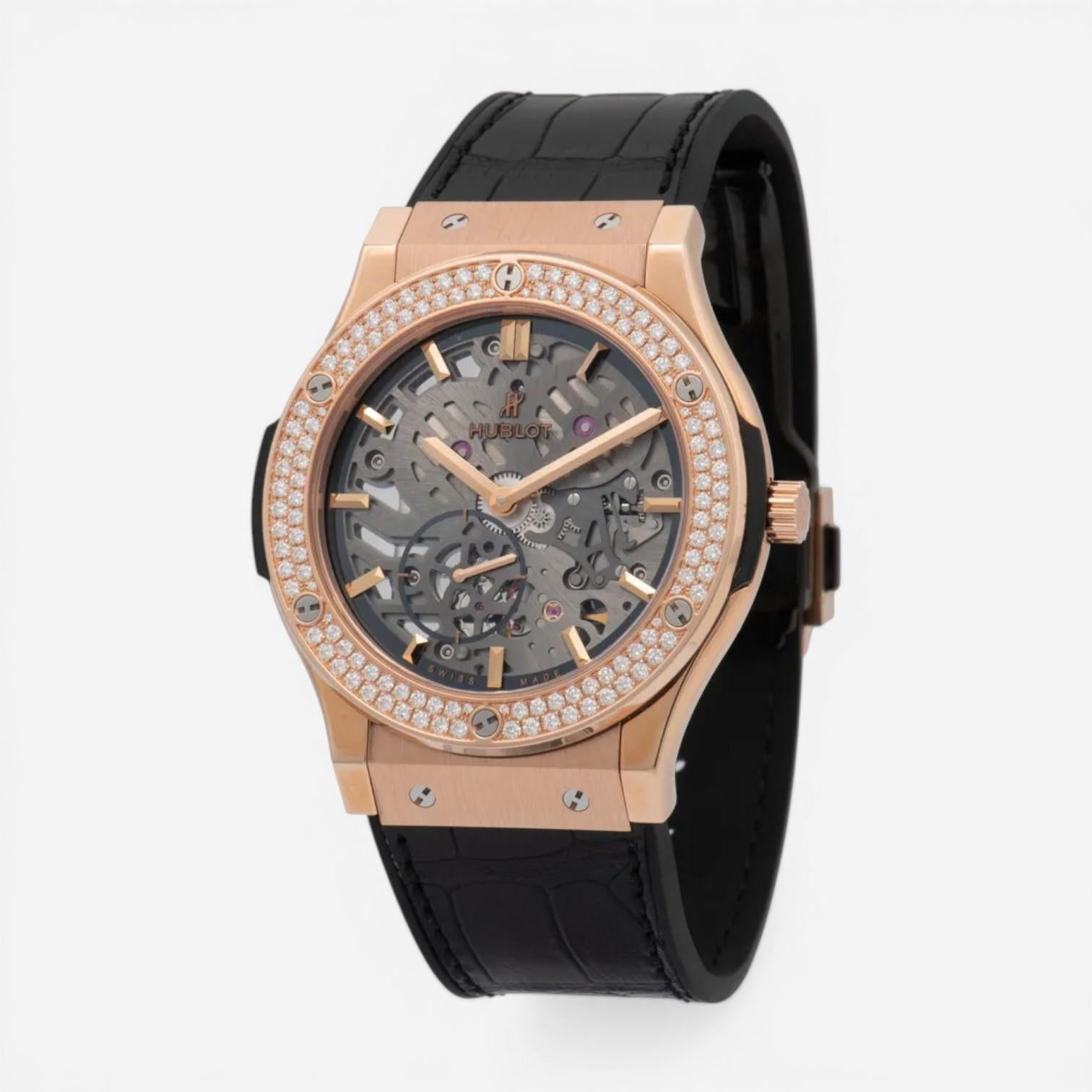 Hublot Classic Fusion 18K Rose Gold Diamond Manual Wind Men's Watch 515.OX.0180.LR.1104