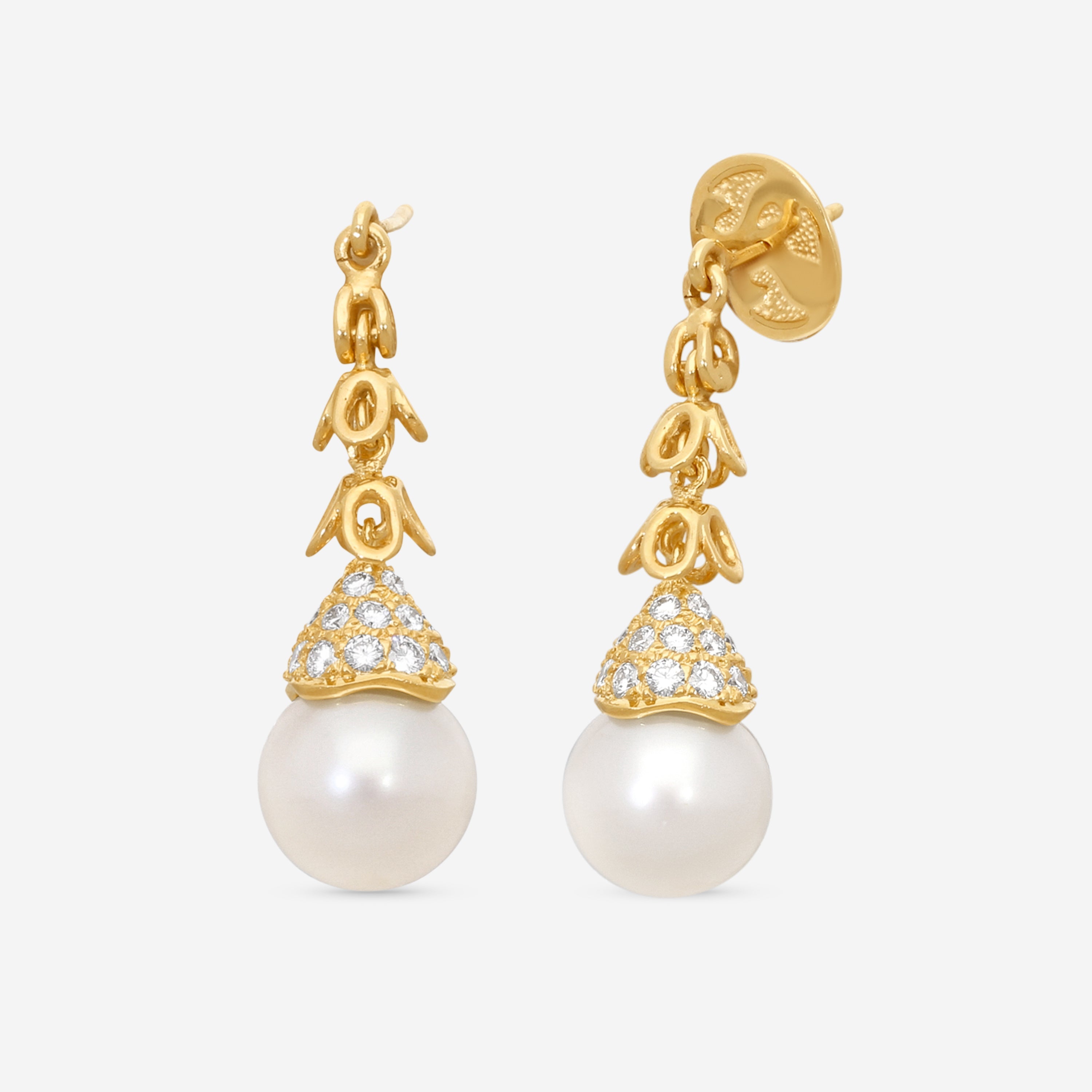 Assael 18K Yellow Gold Diamond & Freshwater Pearl Drop Earrings E2820 — view 2