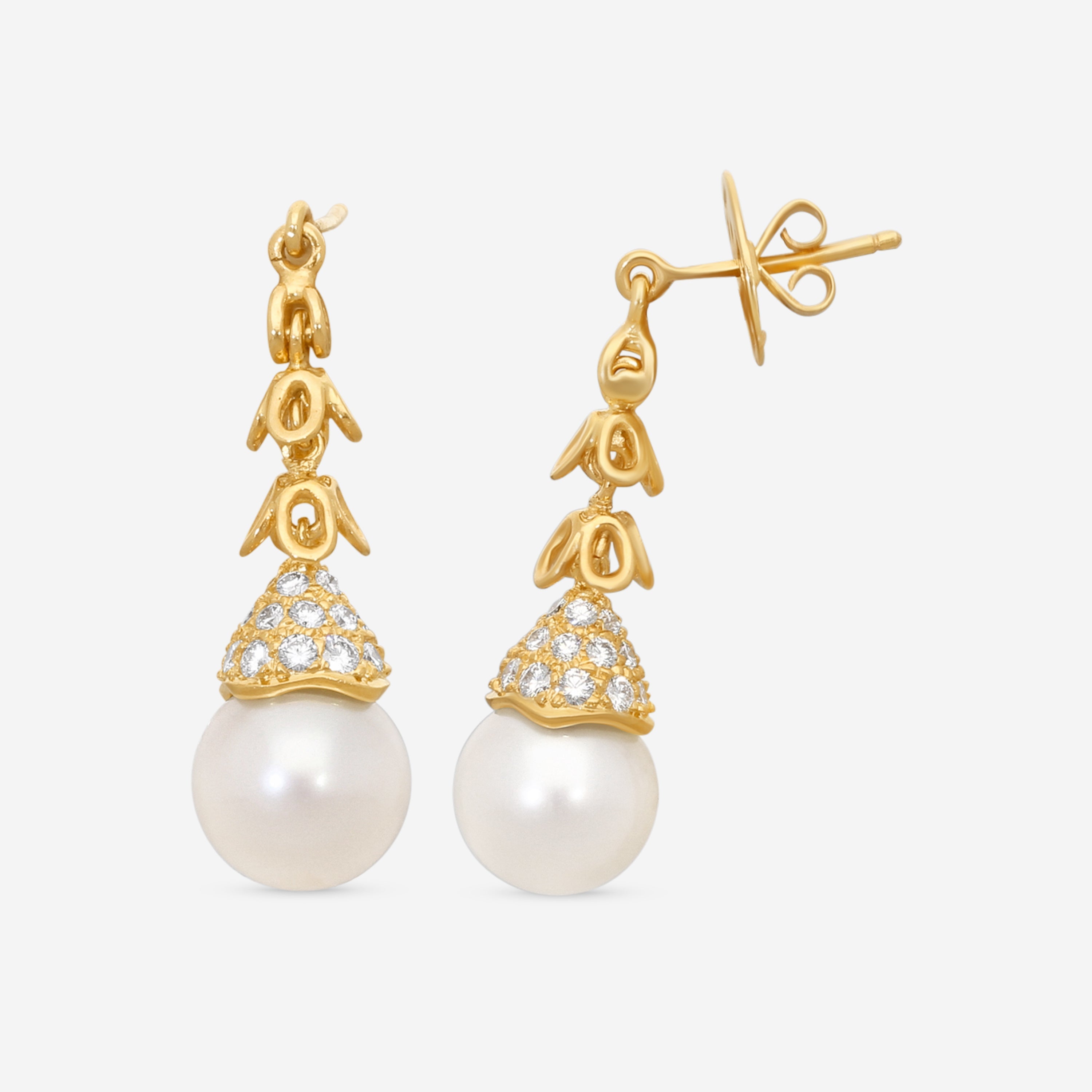Assael 18K Yellow Gold Diamond & Freshwater Pearl Drop Earrings E2820 — view 3