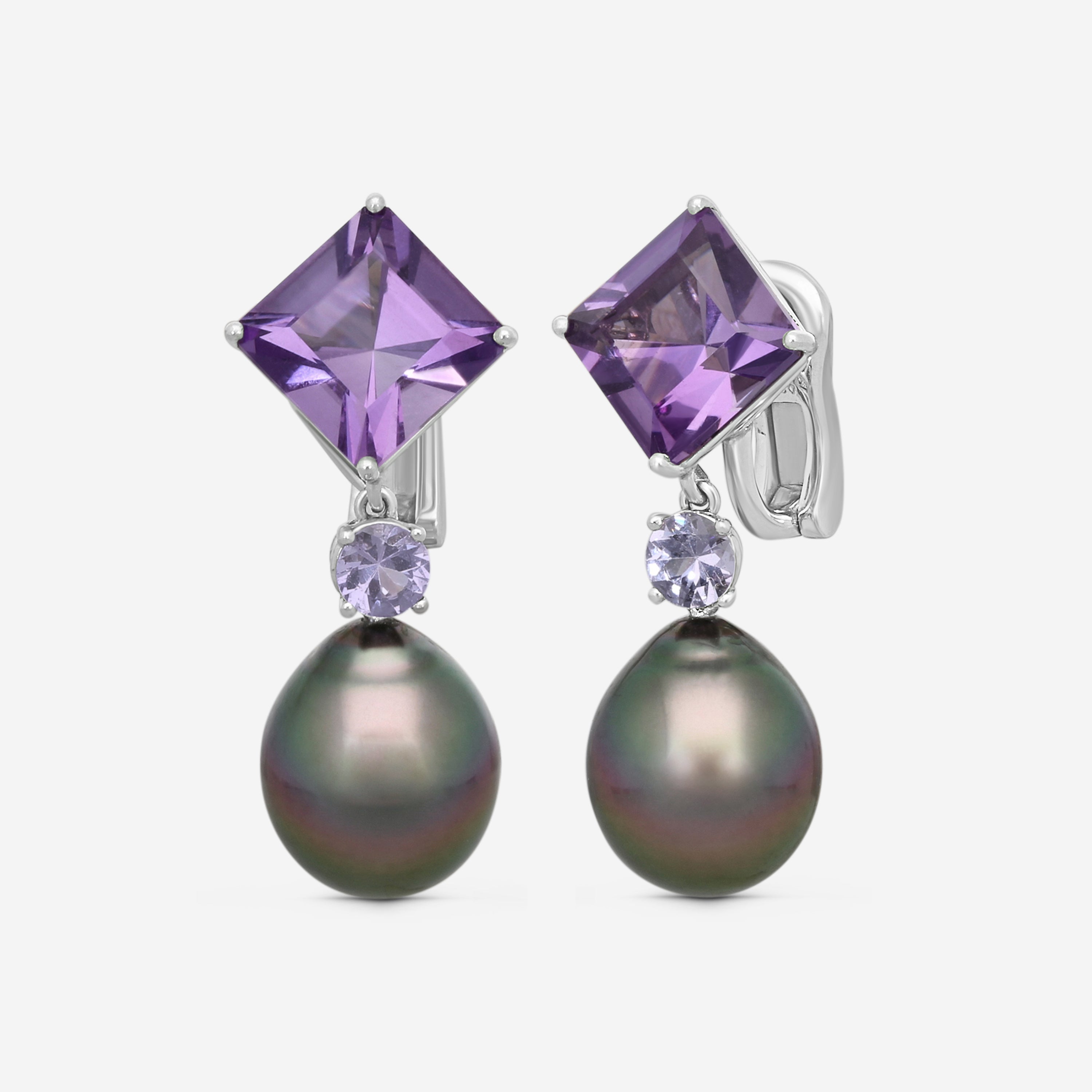 Assael Platinum Amethyst, Spinel & Tahitian Pearl Drop Earrings ECO-TAM00005 — view 2