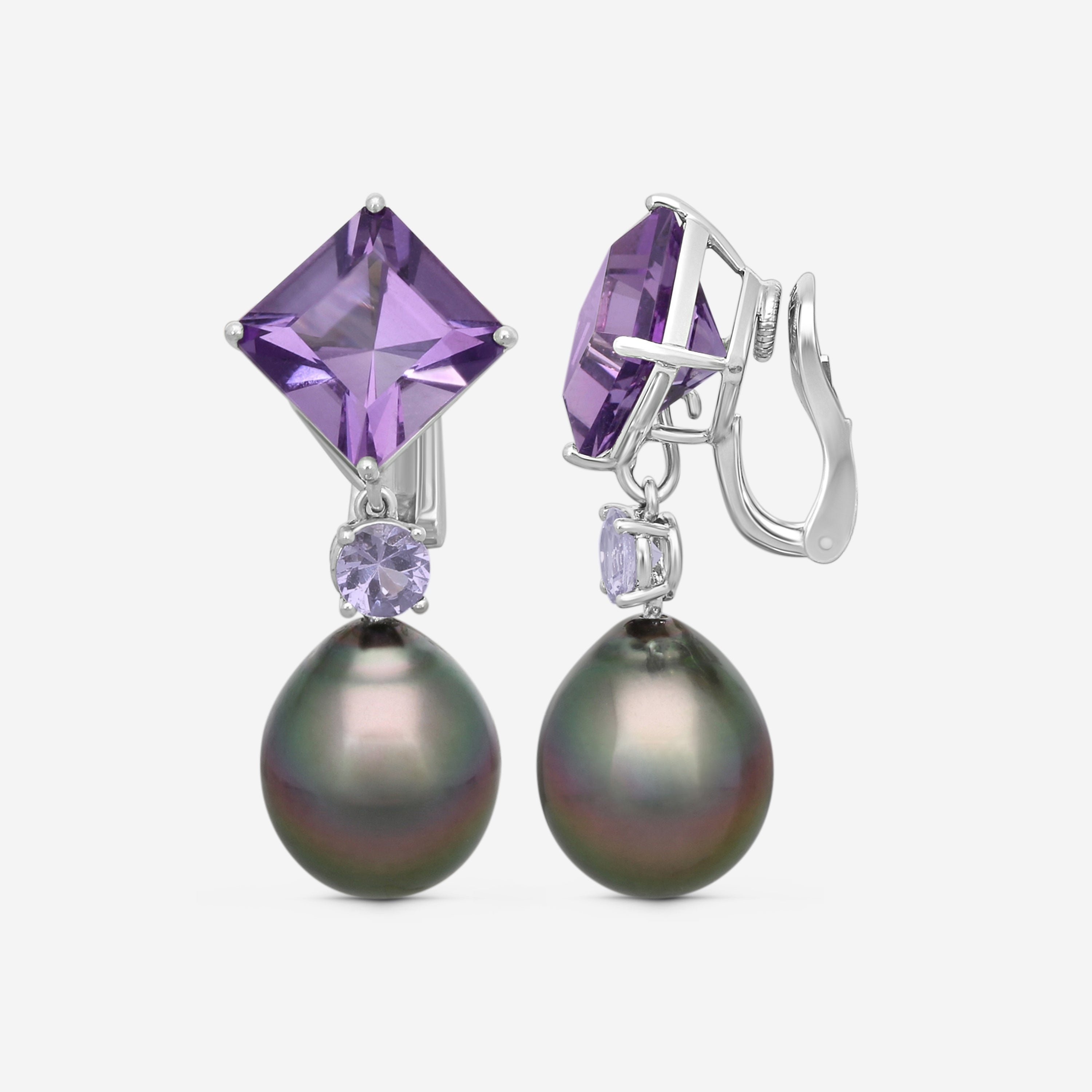 Assael Platinum Amethyst, Spinel & Tahitian Pearl Drop Earrings ECO-TAM00005 — view 3