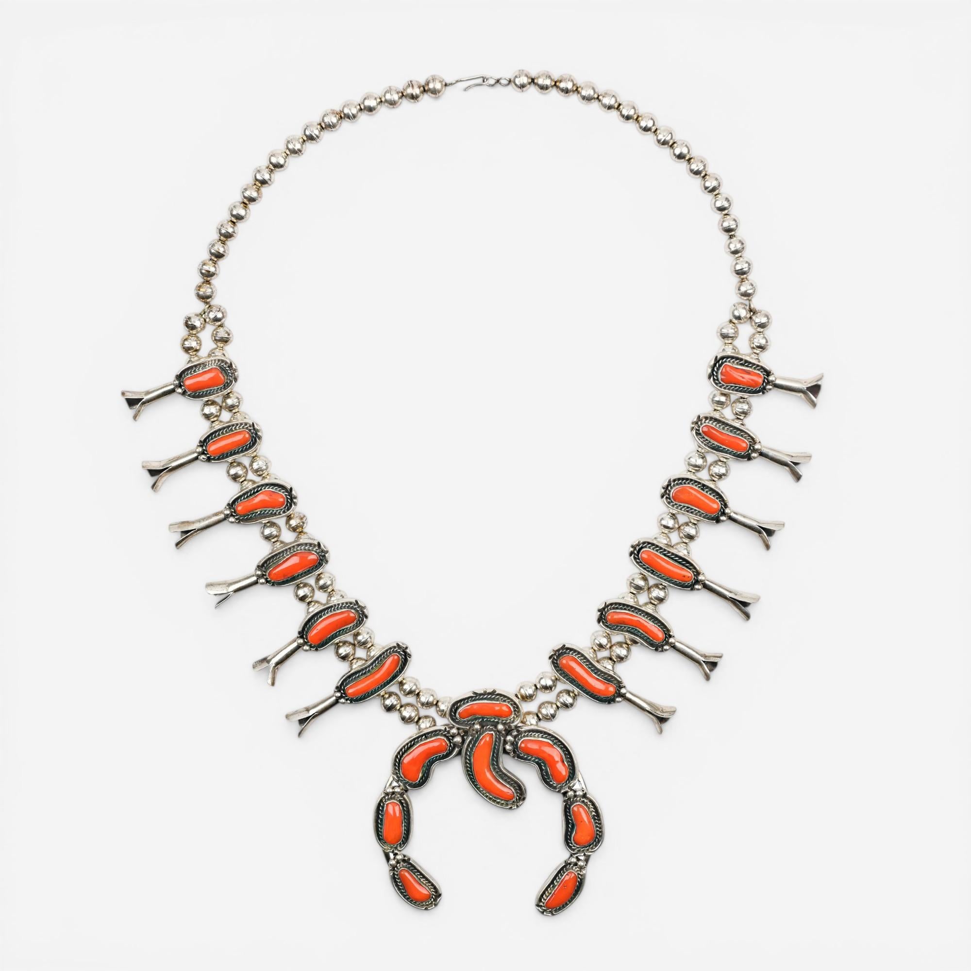 Peyote Bird Designs Navajo Sterling Silver Coral Squash Blossom Necklace PBW25N0