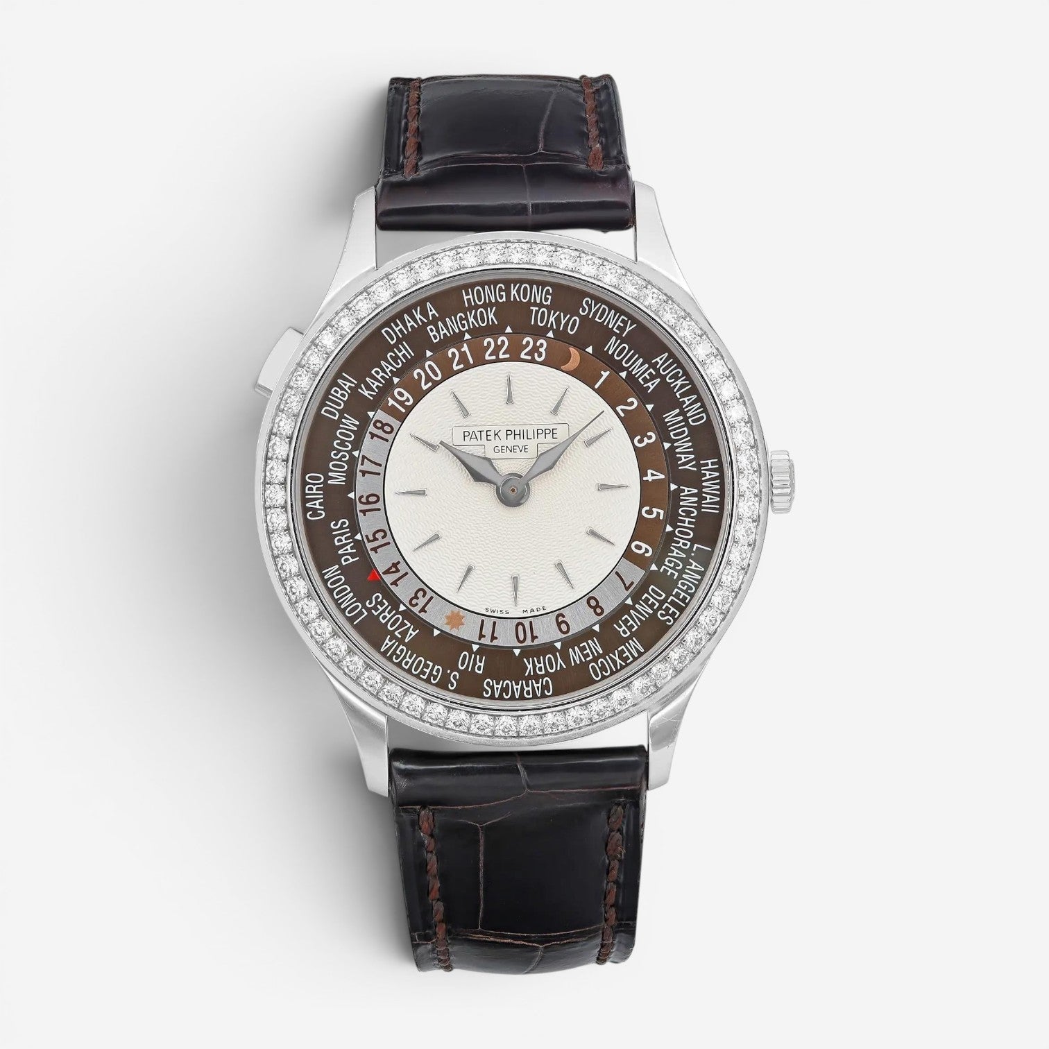 Patek Philippe World Time 18K White Gold Diamond Automatic Men's Watch 7130G-001