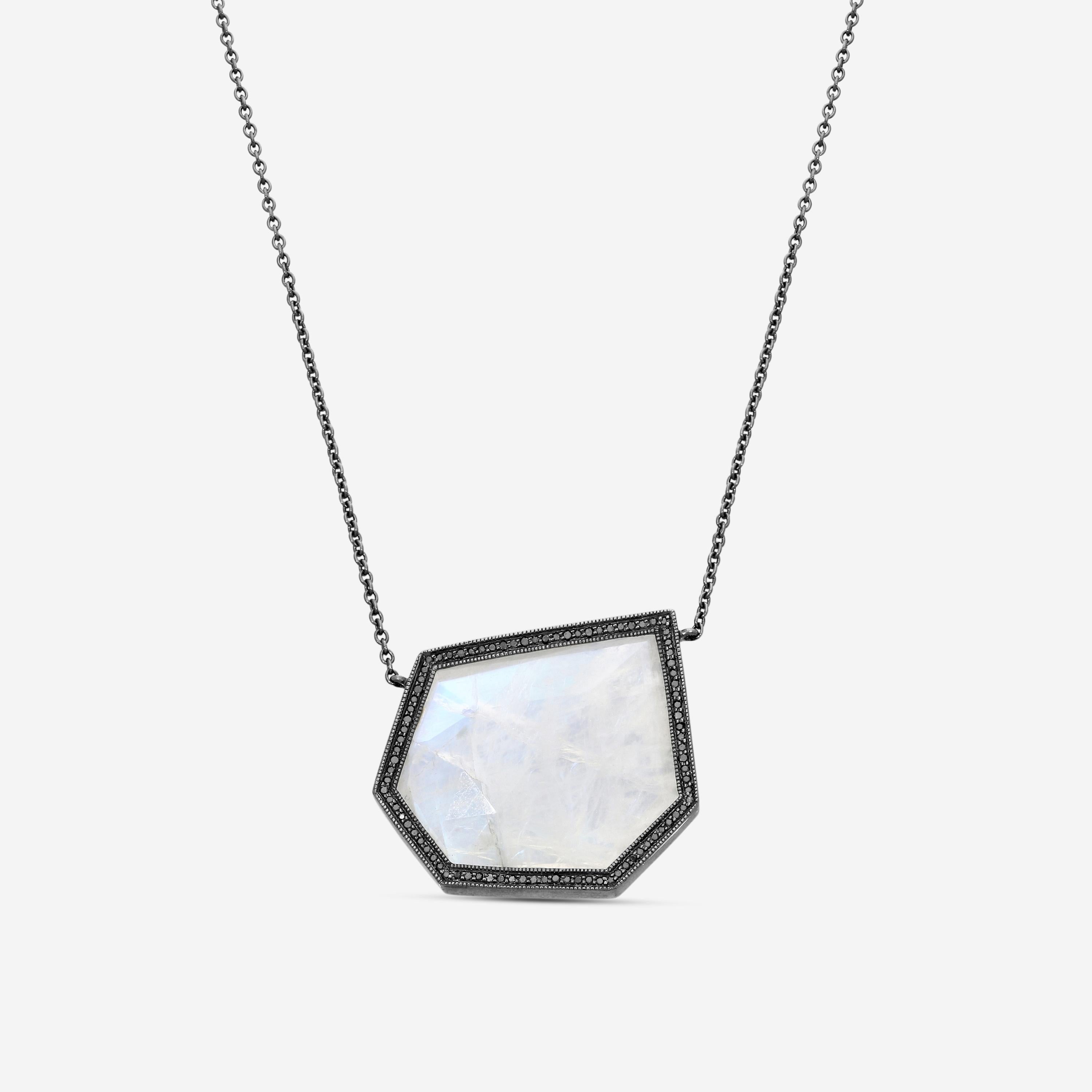 Leslie Greene Stainless Steel Black Diamond Moonstone Necklace NS90594OXMS