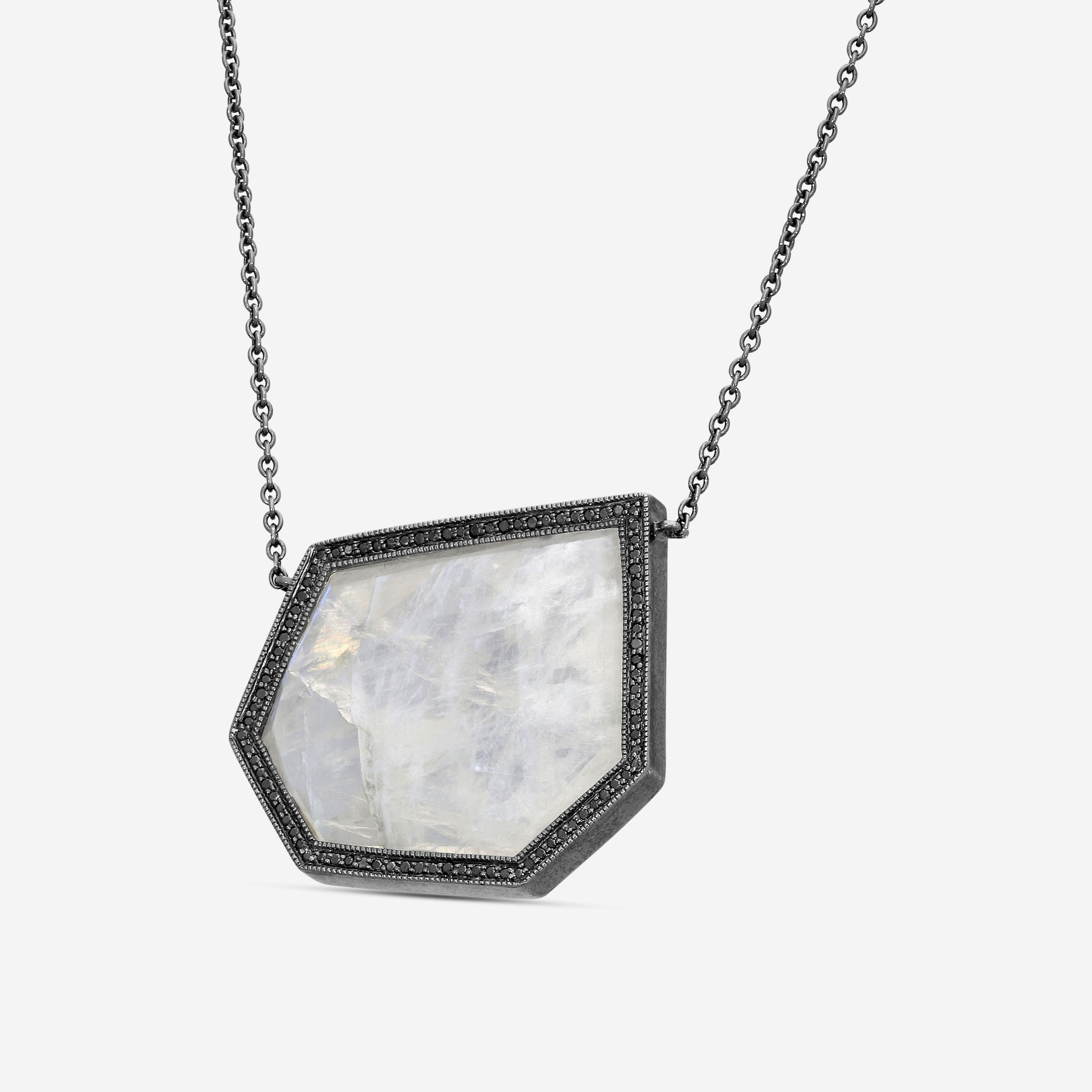 Leslie Greene Stainless Steel Black Diamond Moonstone Necklace NS90594OXMS — view 2