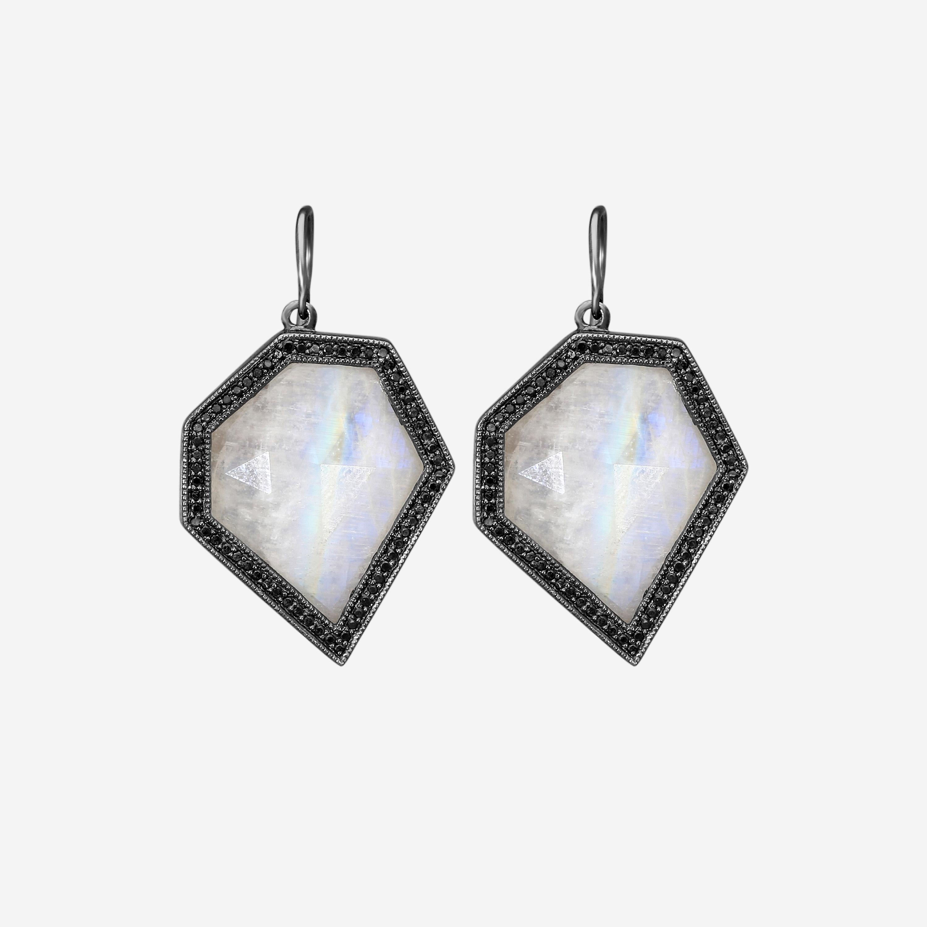 Leslie Greene Stainless Steel Black Diamond Moonstone Drop Earrings ES90599OXMS