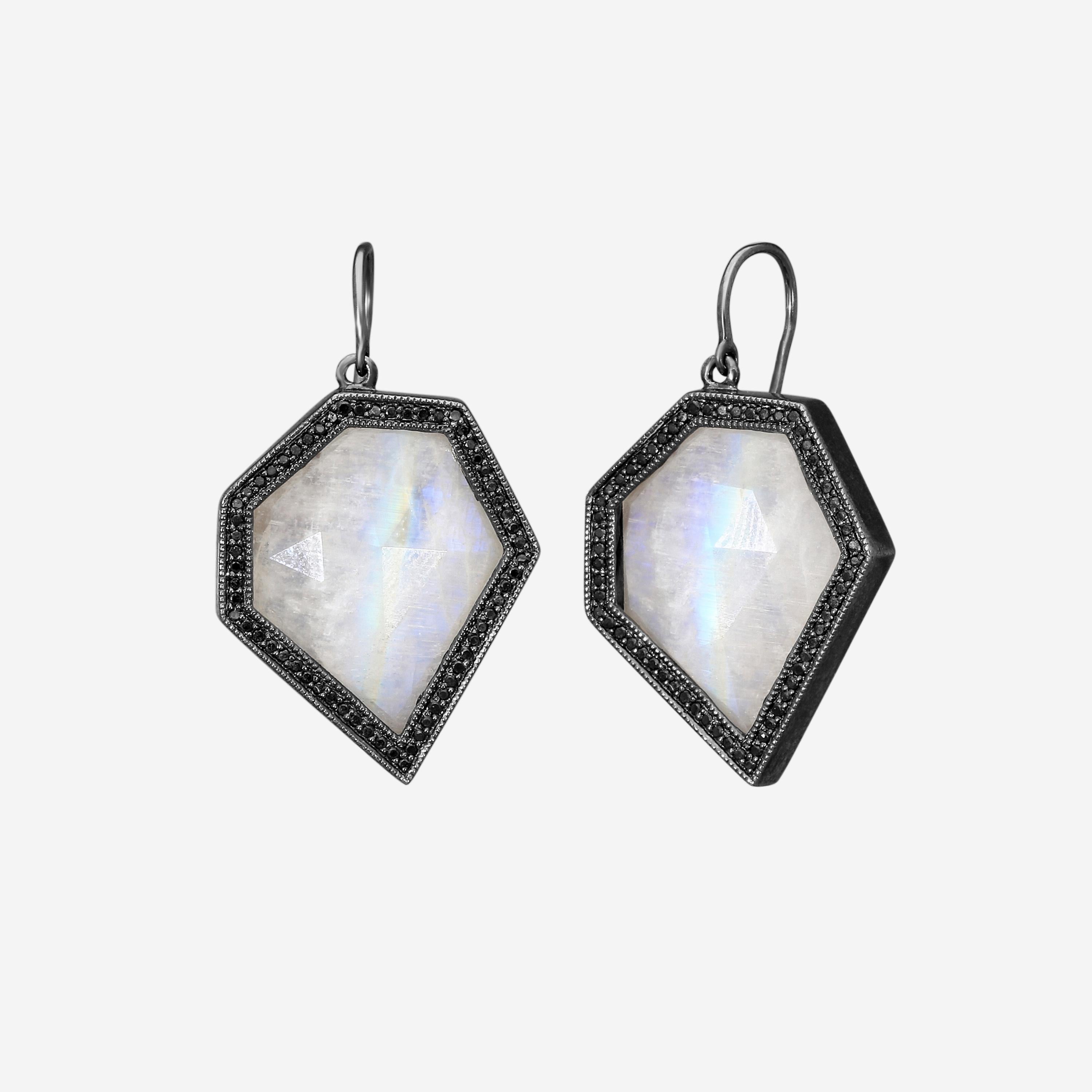 Leslie Greene Stainless Steel Black Diamond Moonstone Drop Earrings ES90599OXMS — view 2
