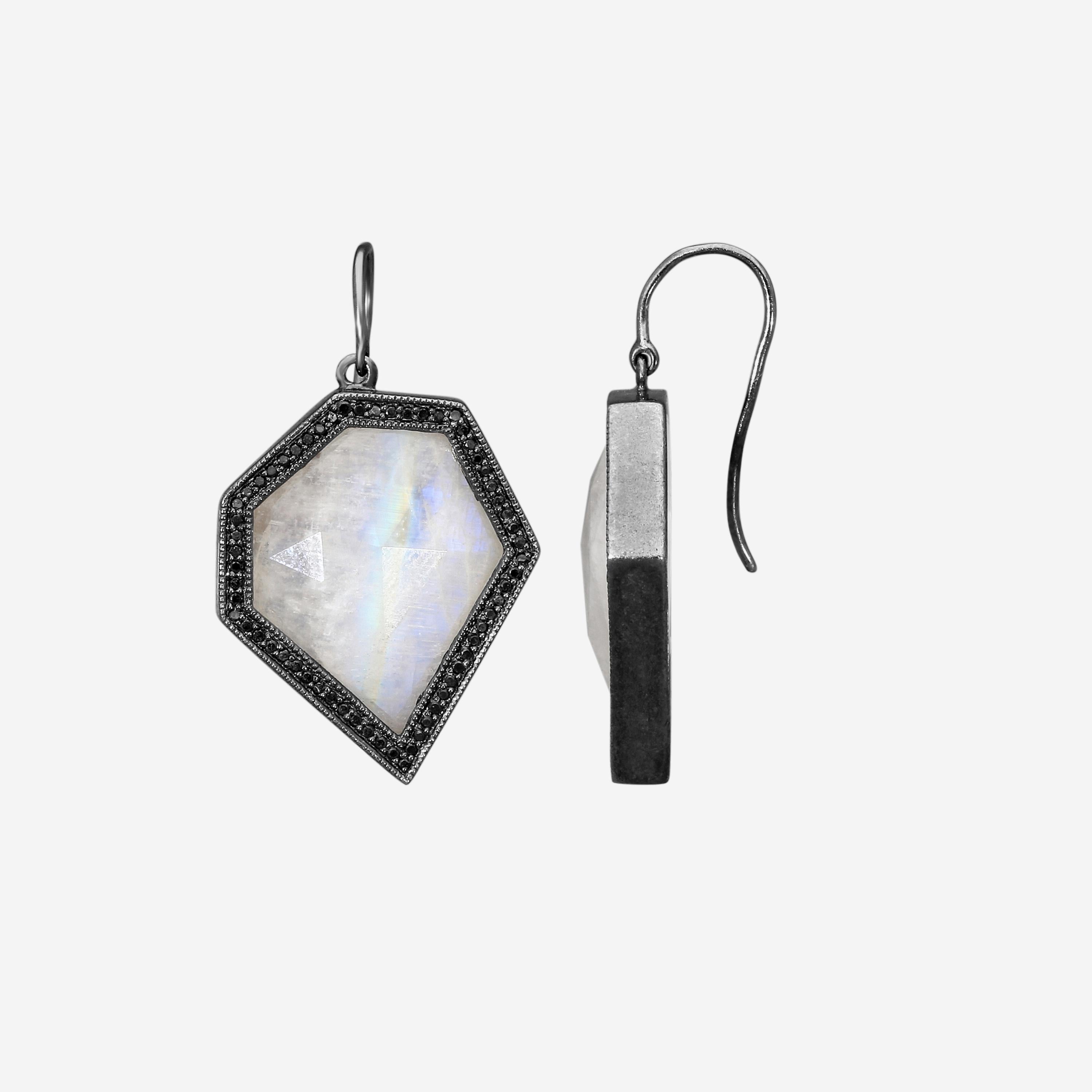 Leslie Greene Stainless Steel Black Diamond Moonstone Drop Earrings ES90599OXMS — view 3