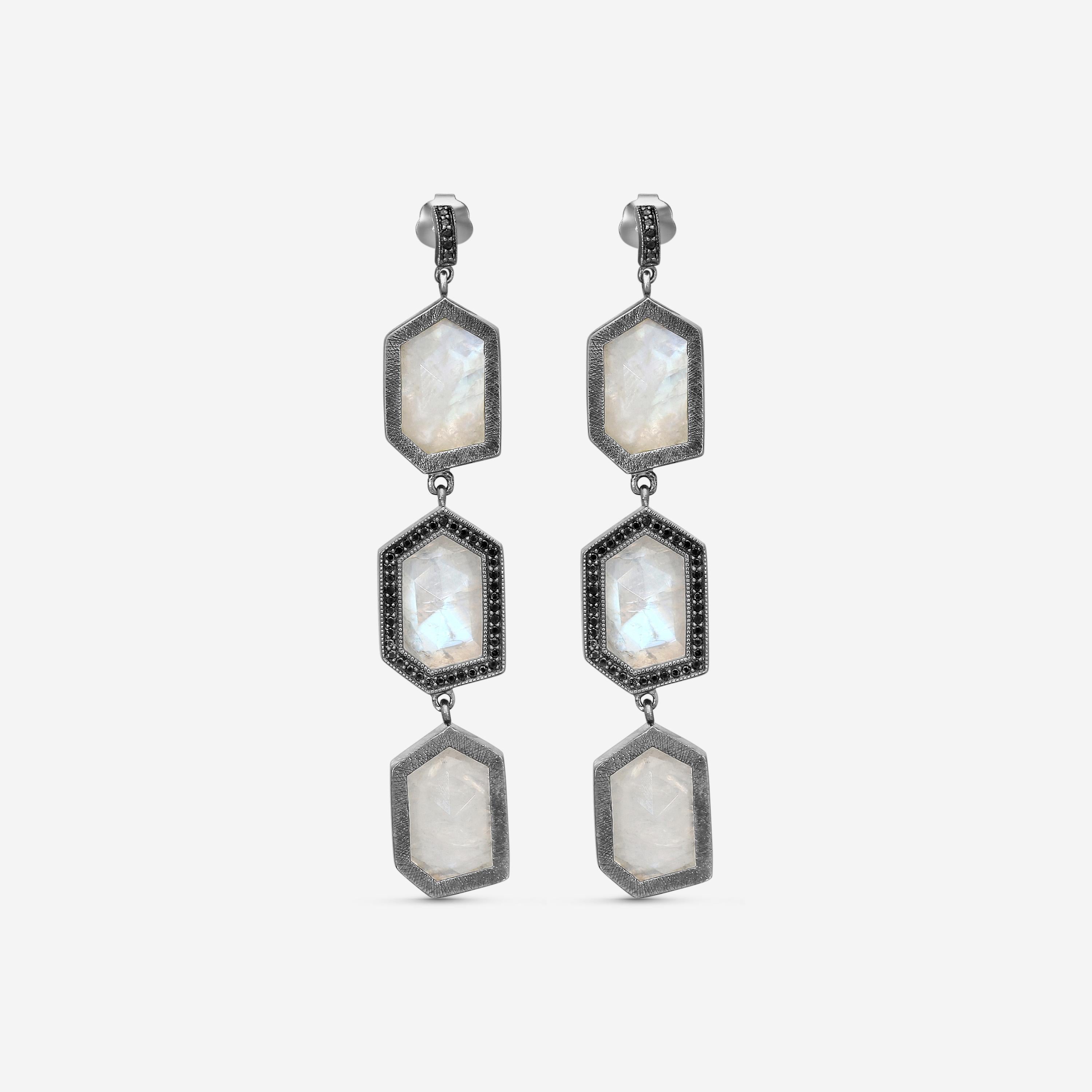 Leslie Greene Stainless Steel Black Diamond Moonstone Drop Earrings ES90598OXMS