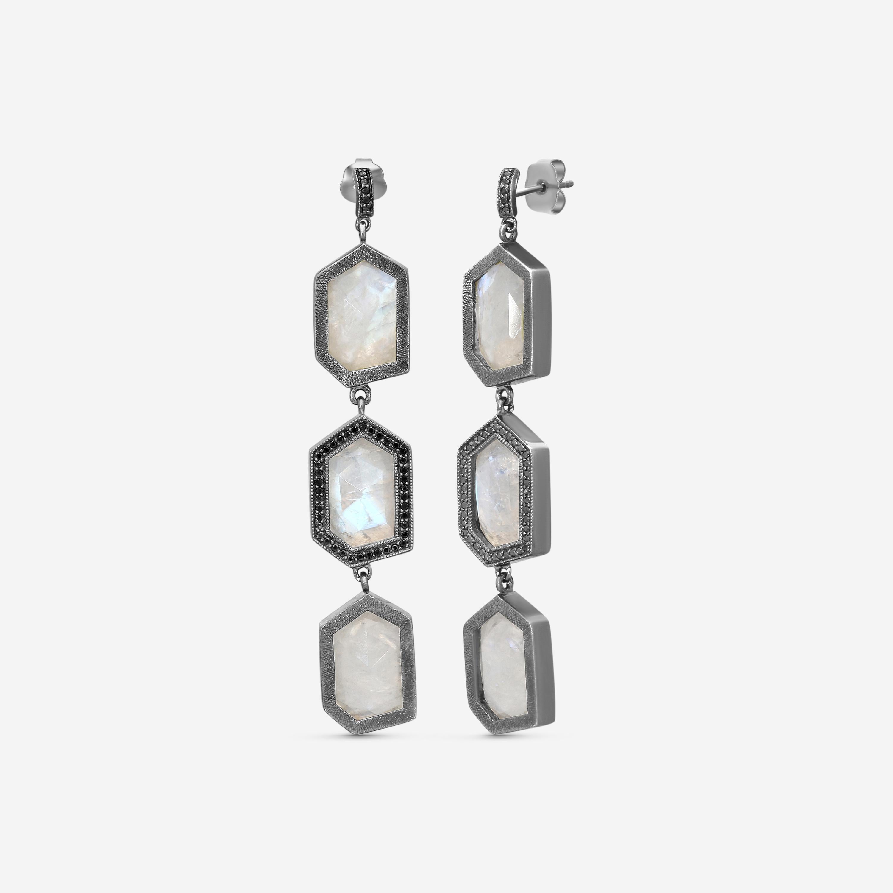 Leslie Greene Stainless Steel Black Diamond Moonstone Drop Earrings ES90598OXMS — view 2