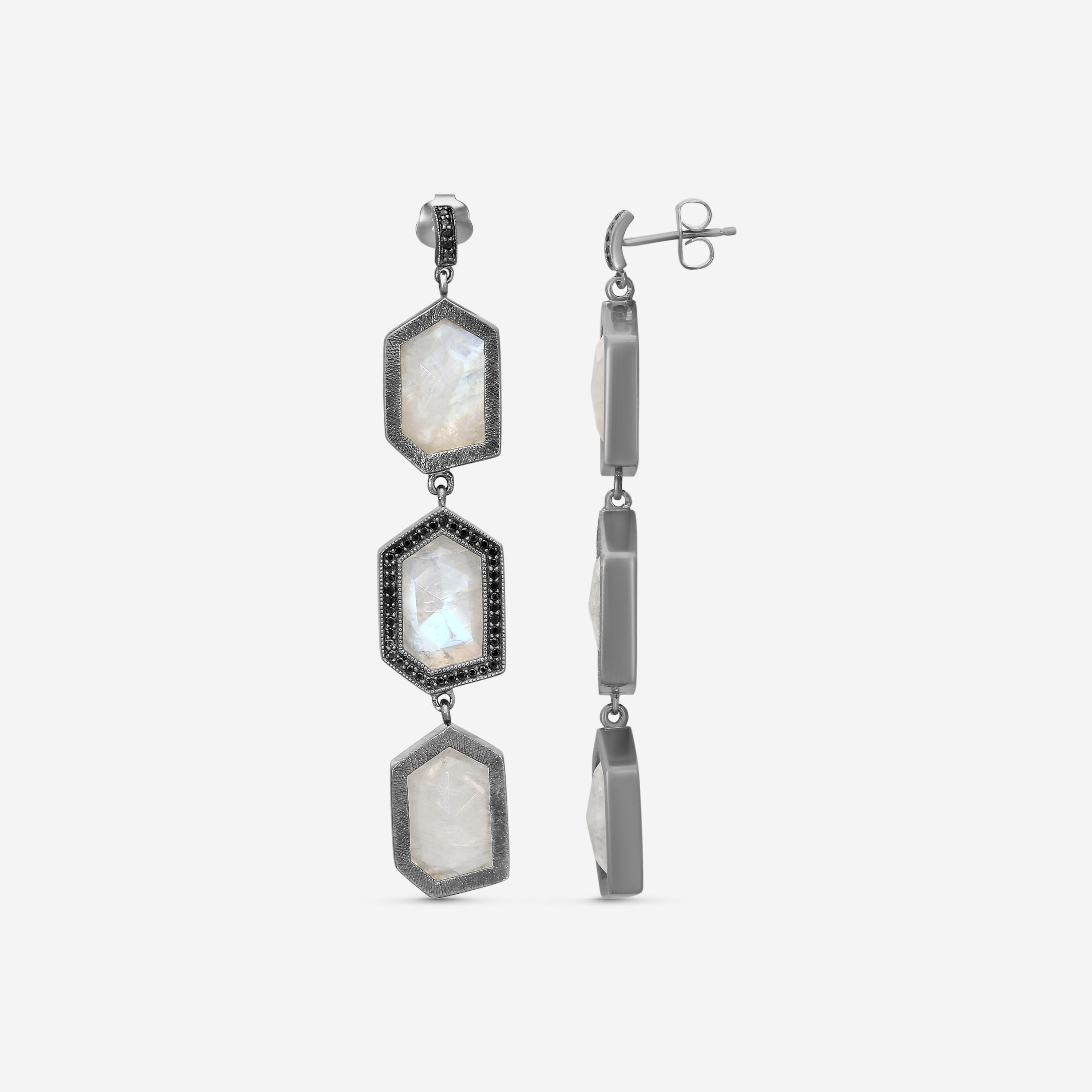 Leslie Greene Stainless Steel Black Diamond Moonstone Drop Earrings ES90598OXMS — view 3