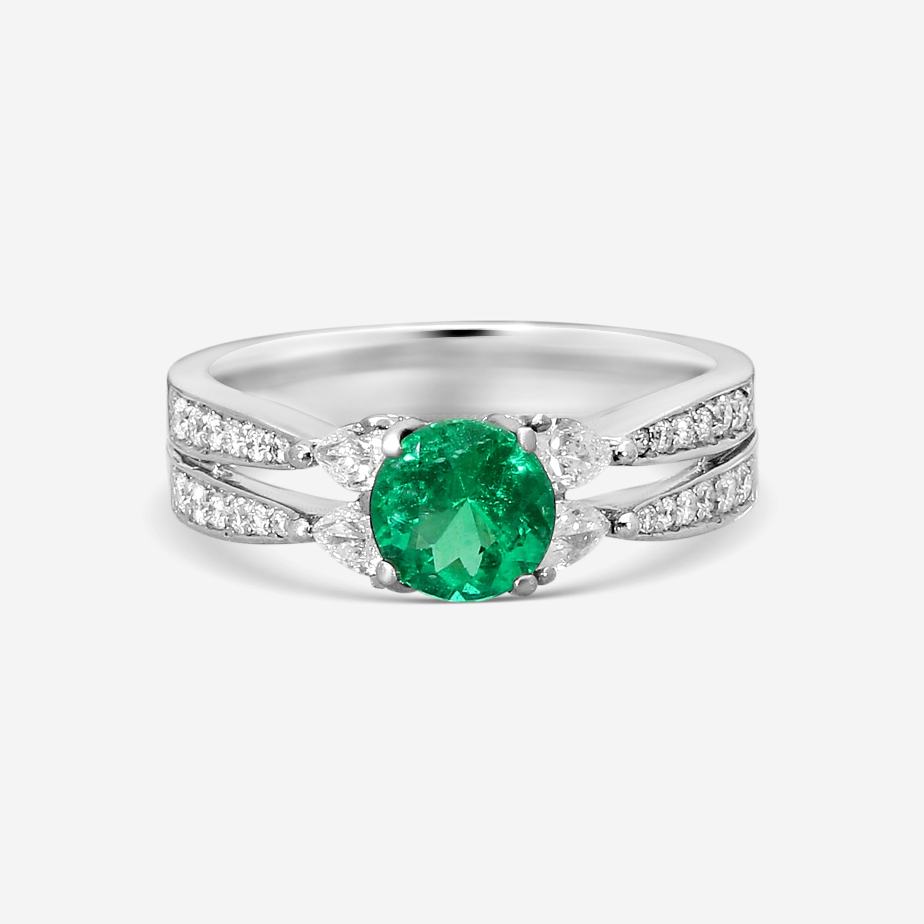 Gregg Ruth 18K White Gold Diamond & Green Sapphire Split Shank Ring Sz. 6.5 4F03