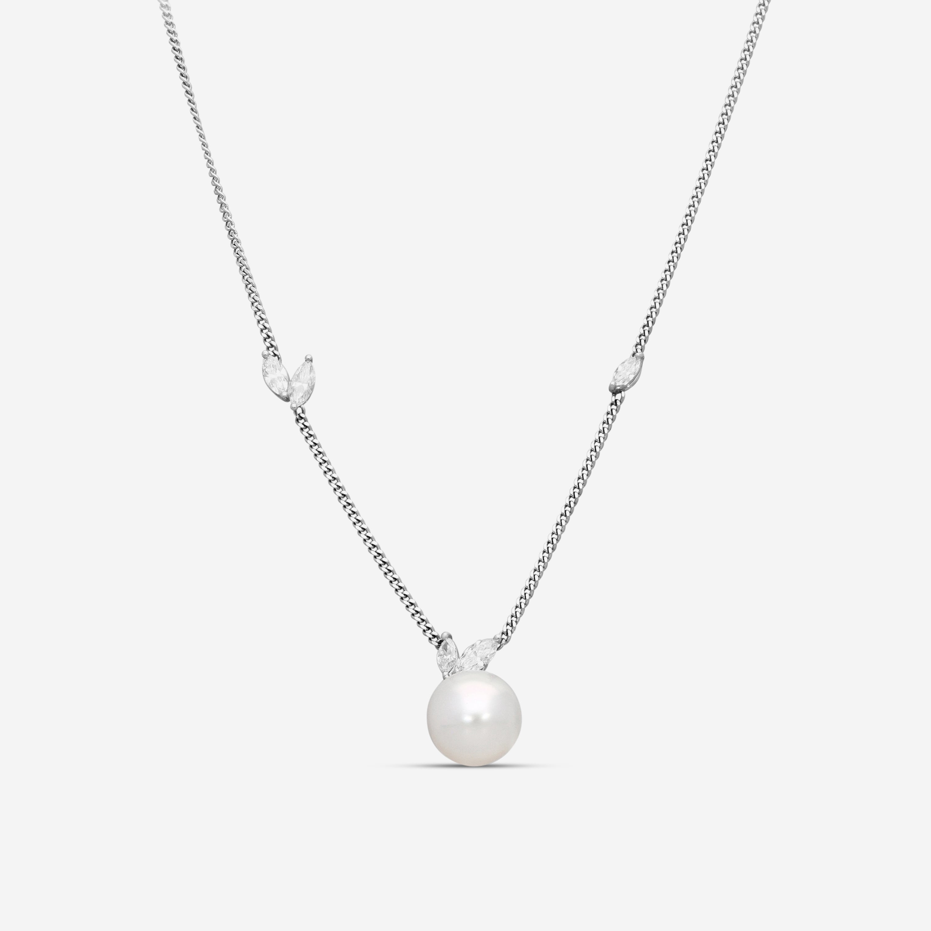 Assael La Feuille Platinum Cultured Pearl & Diamond Pendant Necklace N5042