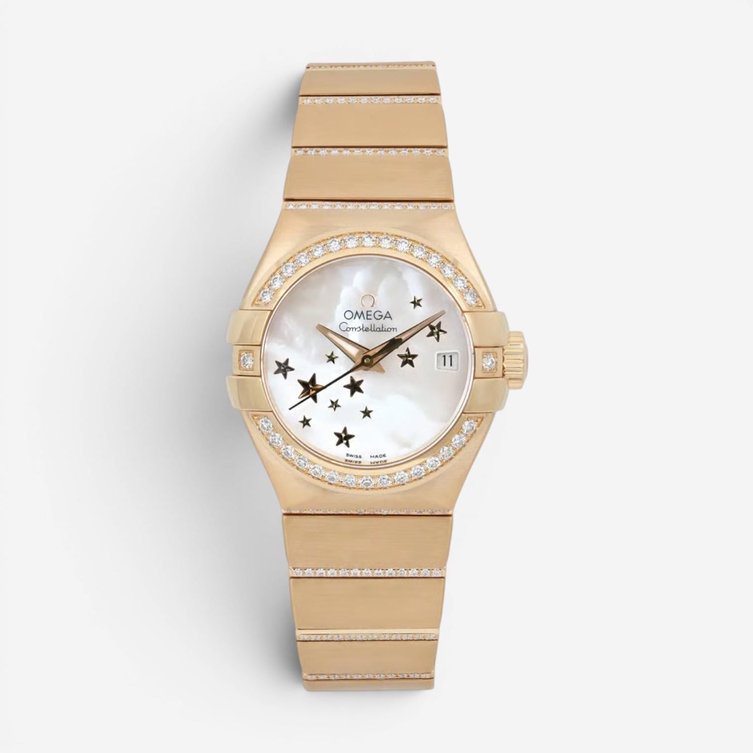 Omega Constellation 18K Yellow Gold Diamond Automatic Ladies Watch 123.55.27.20.