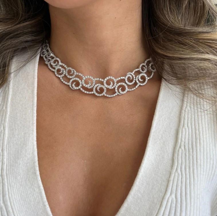 Diana M. Jewels 18K White Gold Diamond Swirl Choker Necklace DNK1505 — view 2