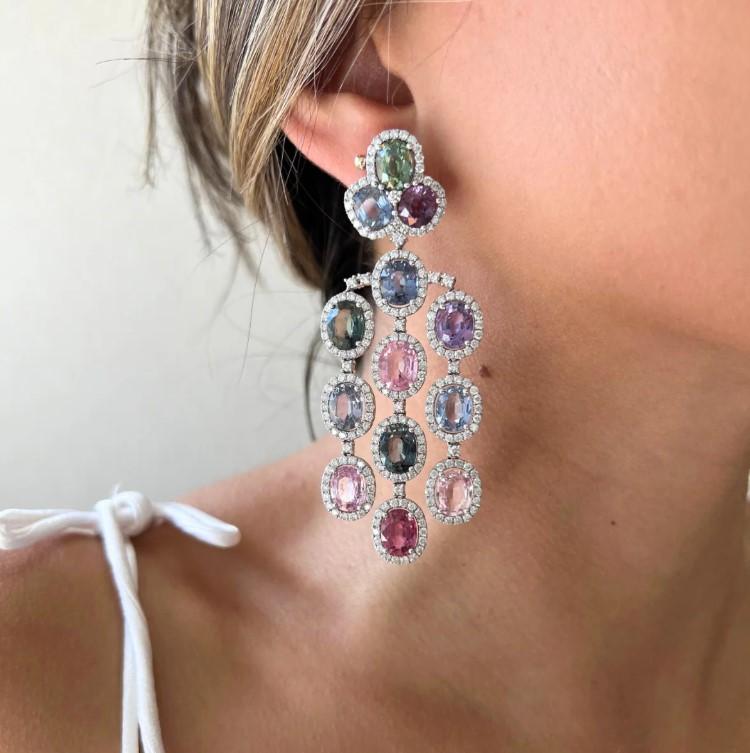 Diana M. Jewels 18K White Gold Sapphire & Diamond Chandelier Earrings CSE242 — view 3