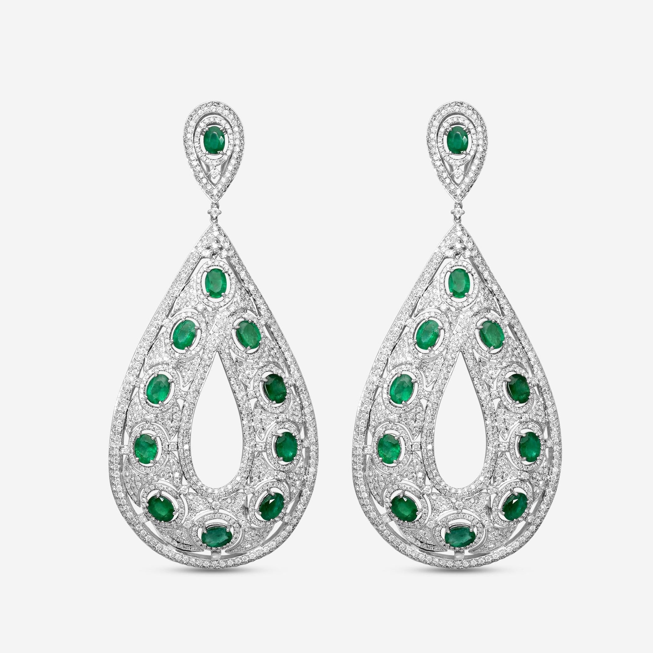 Diana M. Jewels 18K White Gold Emerald & Diamond Teardrop Drop Earrings R14038EM