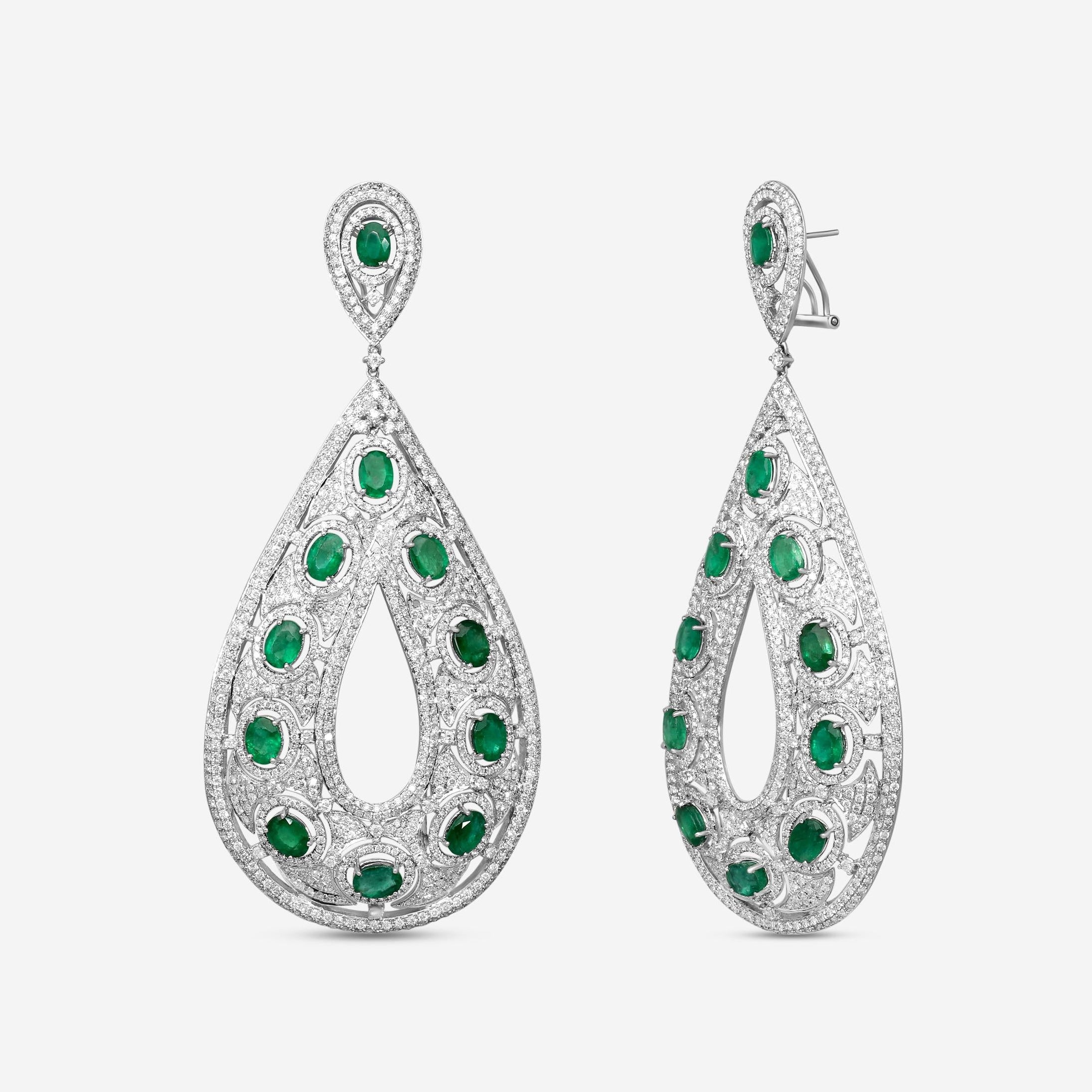 Diana M. Jewels 18K White Gold Emerald & Diamond Teardrop Drop Earrings R14038EM — view 2