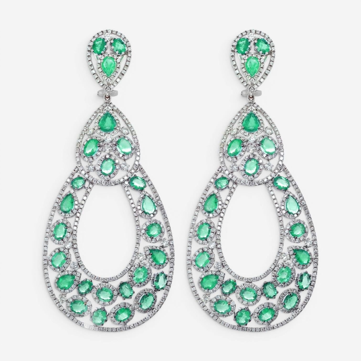 Diana M. Jewels 18K White Gold Emerald & Diamond Drop Earrings CSE215
