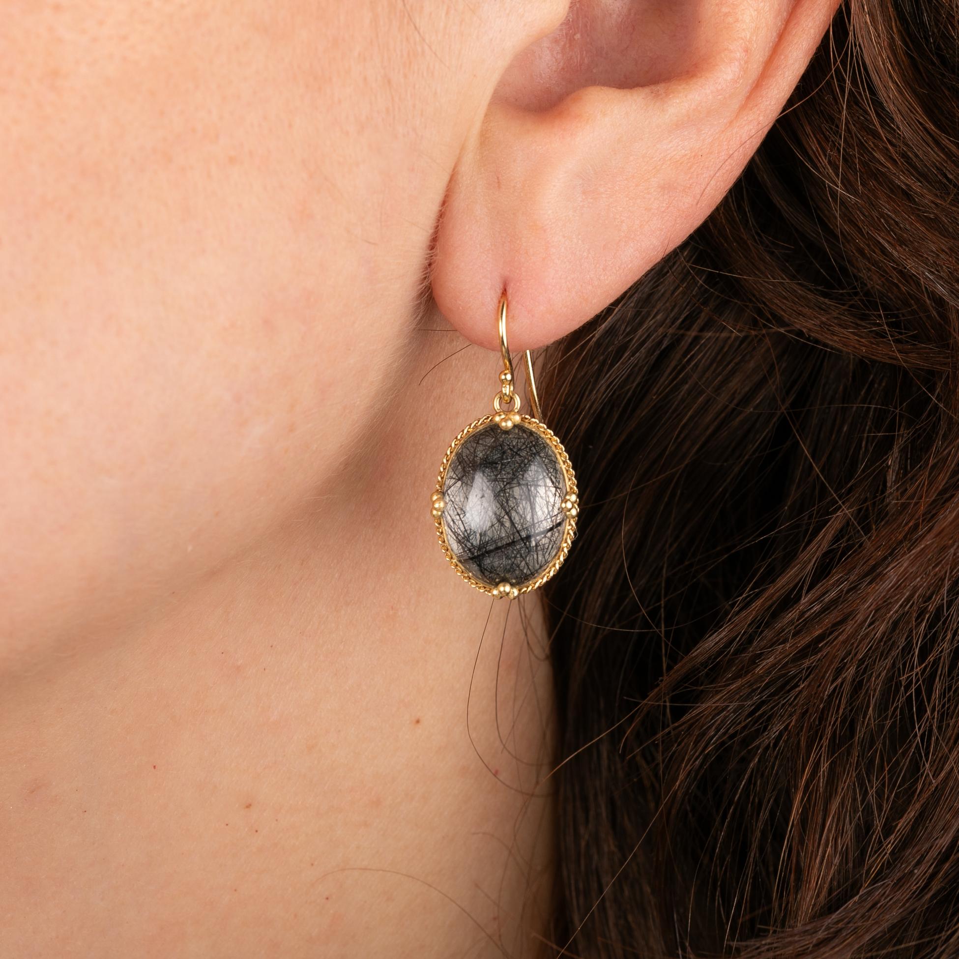 Amáli One of a Kind 18K Yellow Gold Black Tourmalated Quartz Drop Earrings E-150 — view 2