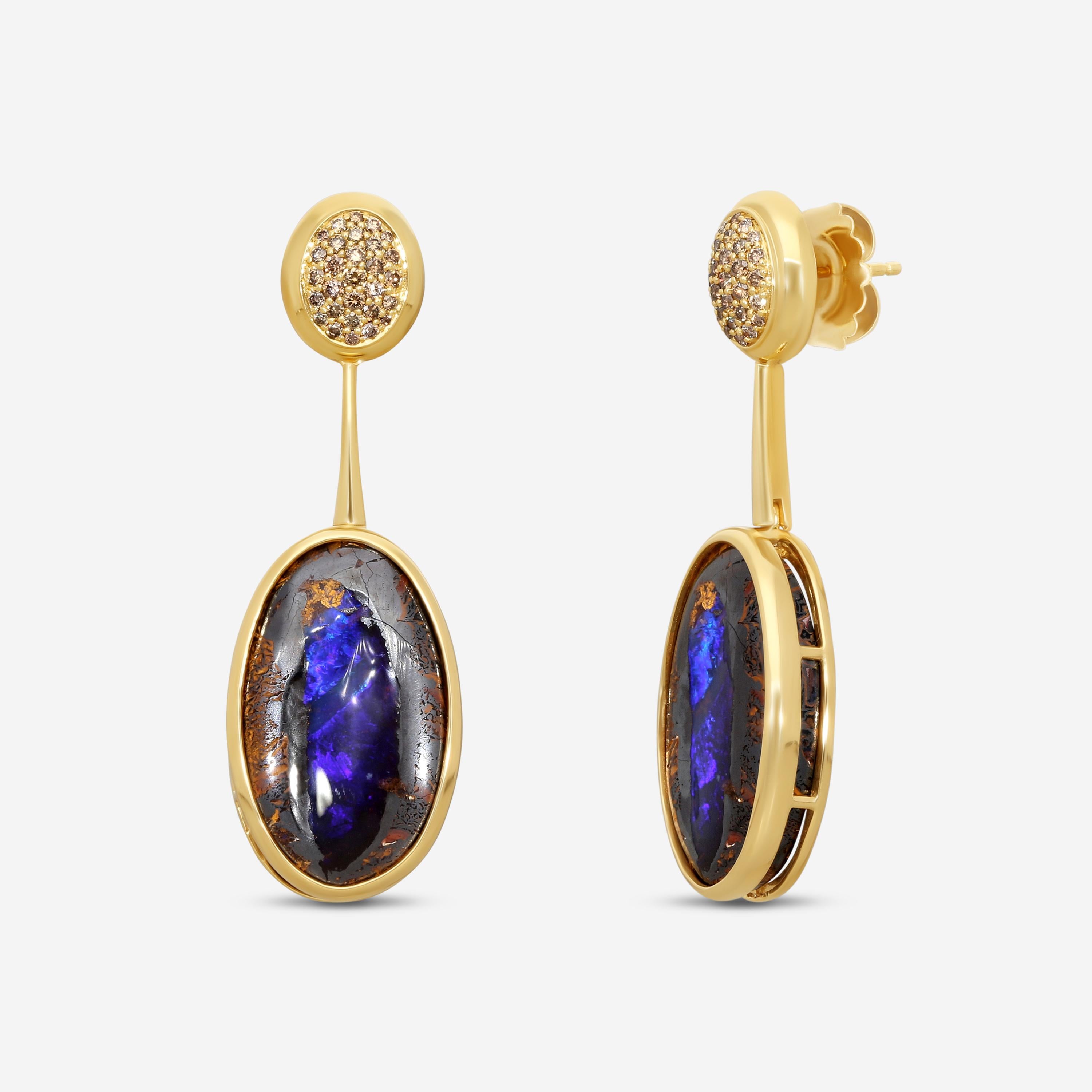 Goshwara G-One 18K Yellow Gold Opal & Brown Diamond Drop Earrings JE0825-BROPY — view 2