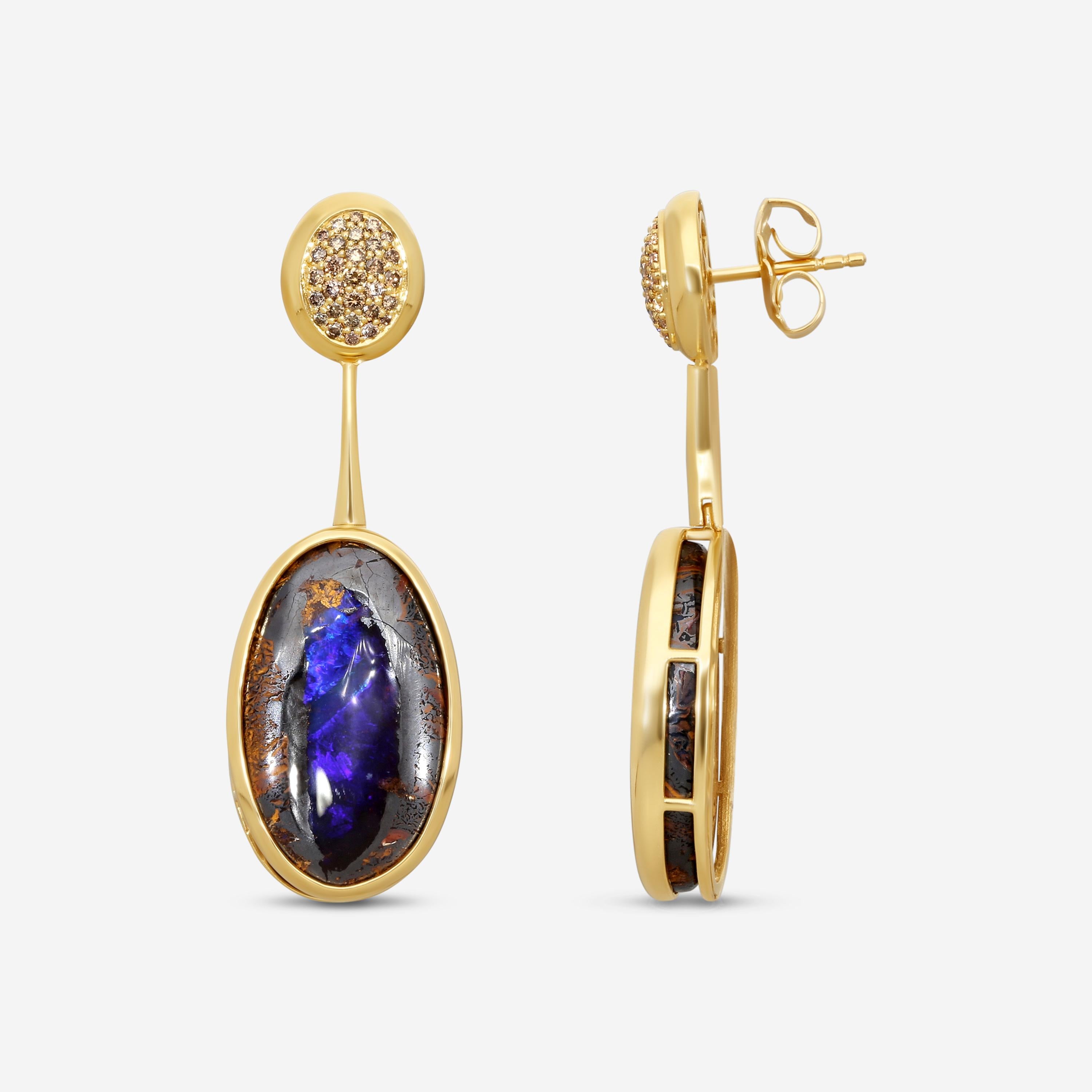 Goshwara G-One 18K Yellow Gold Opal & Brown Diamond Drop Earrings JE0825-BROPY — view 3