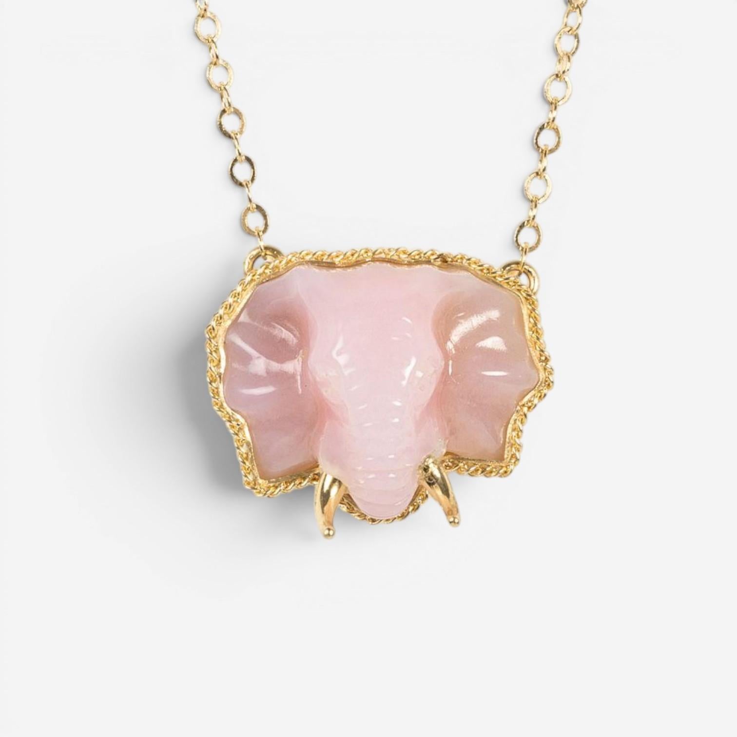 Amáli One of a Kind 18K Yellow Gold Pink Opal Elephant Pendant Necklace N-3437