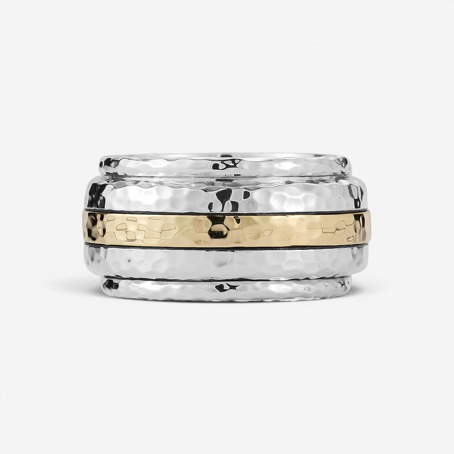 JAI Sterling Silver & 14K Yellow Gold Artisan Hammered Spinner Men's Ring JJH3057MRG