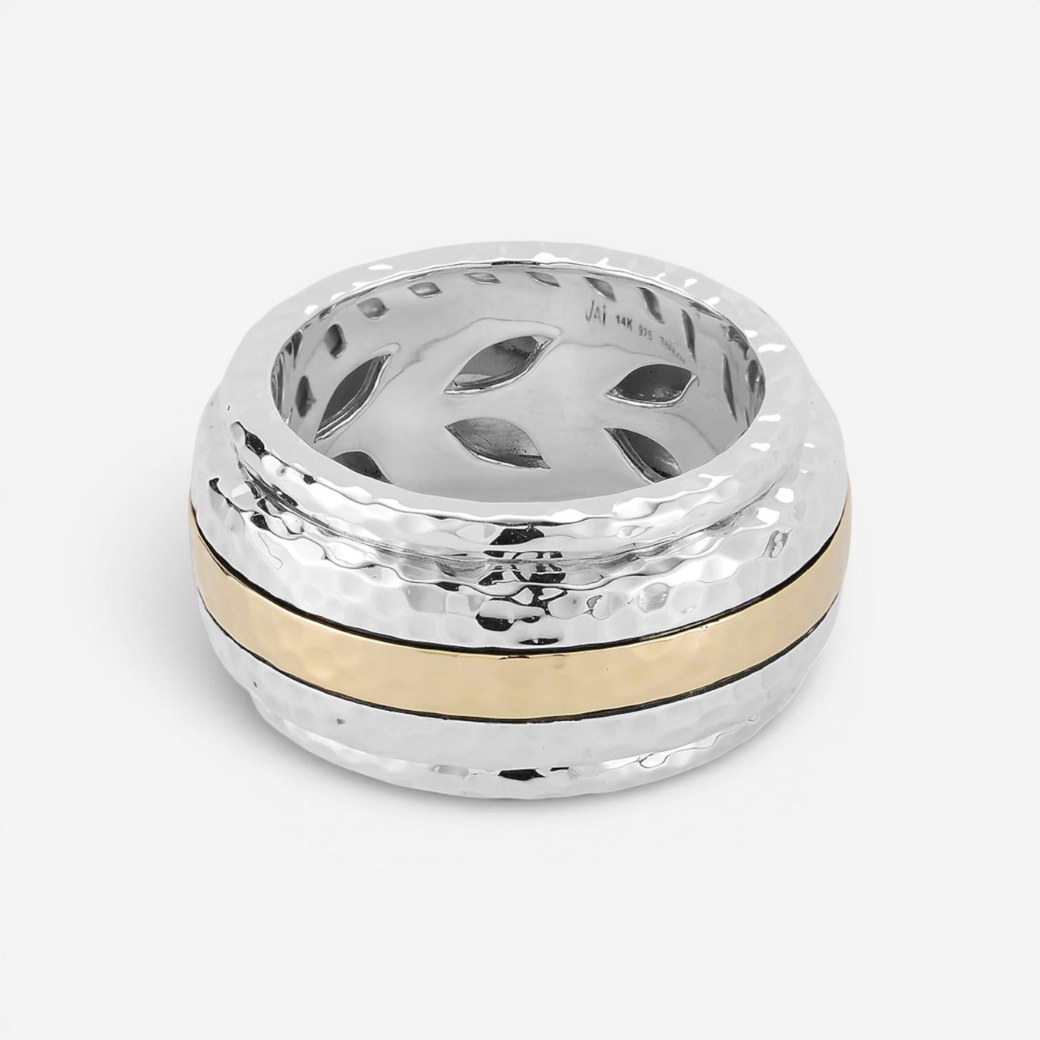 JAI Sterling Silver & 14K Yellow Gold Artisan Hammered Spinner Men's Ring JJH3057MRG — view 2