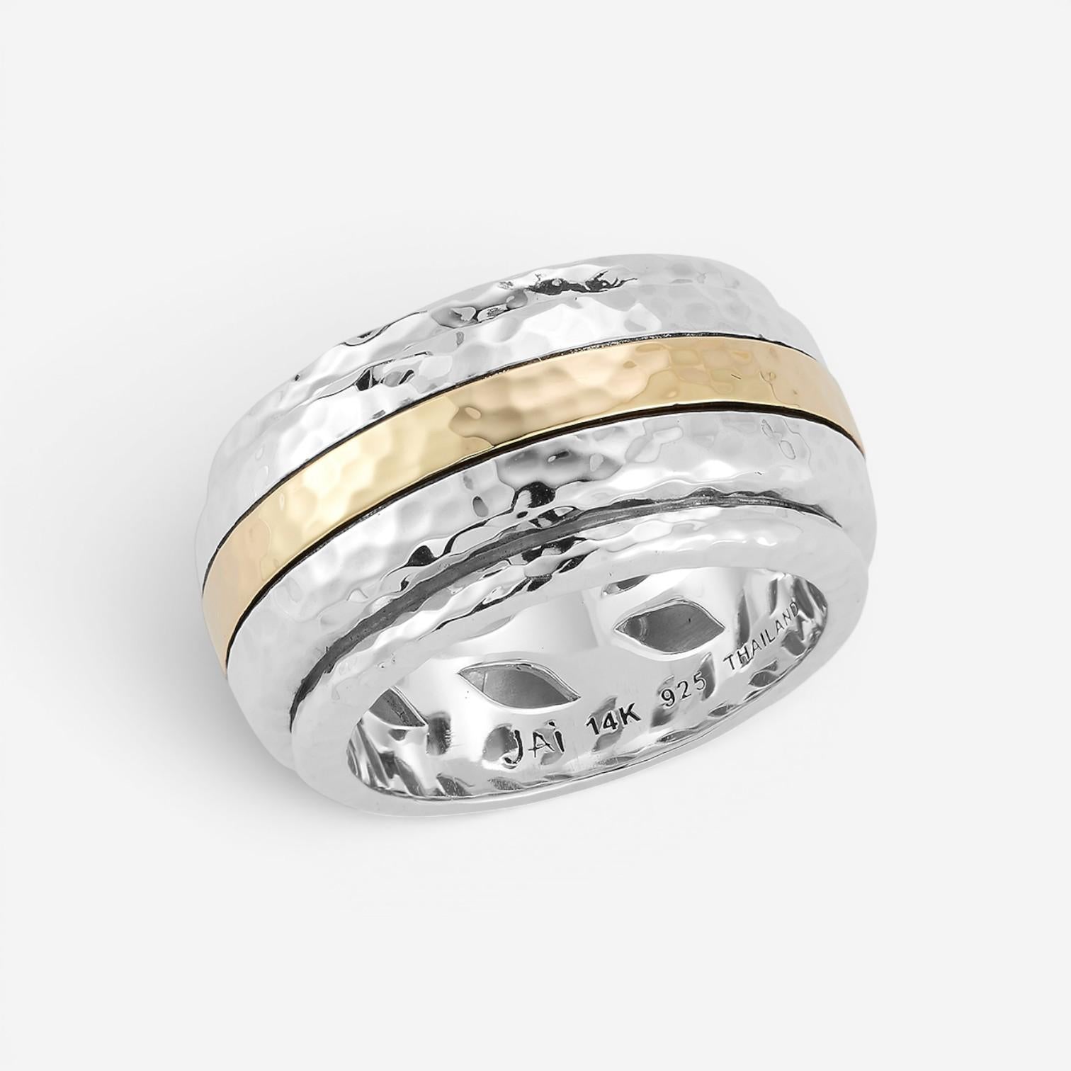 JAI Sterling Silver & 14K Yellow Gold Artisan Hammered Spinner Men's Ring JJH3057MRG — view 3