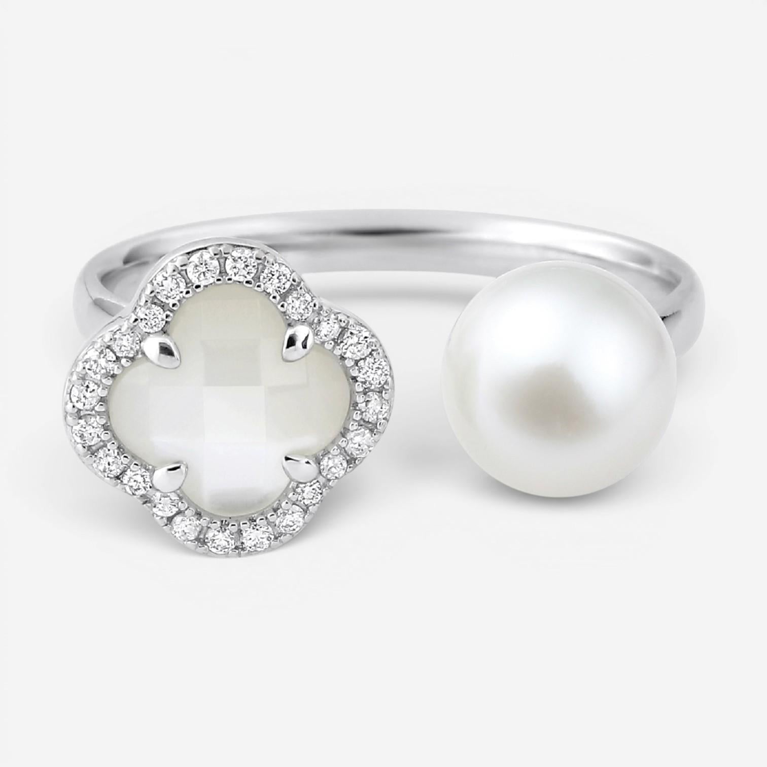 Morganne Bello Victoria Pearls 18K White Gold Pearl & Diamond Open Ring 3061WB21