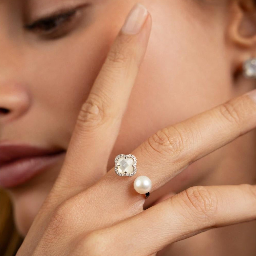 Morganne Bello Victoria Pearls 18K White Gold Pearl & Diamond Open Ring 3061WB21 — view 2