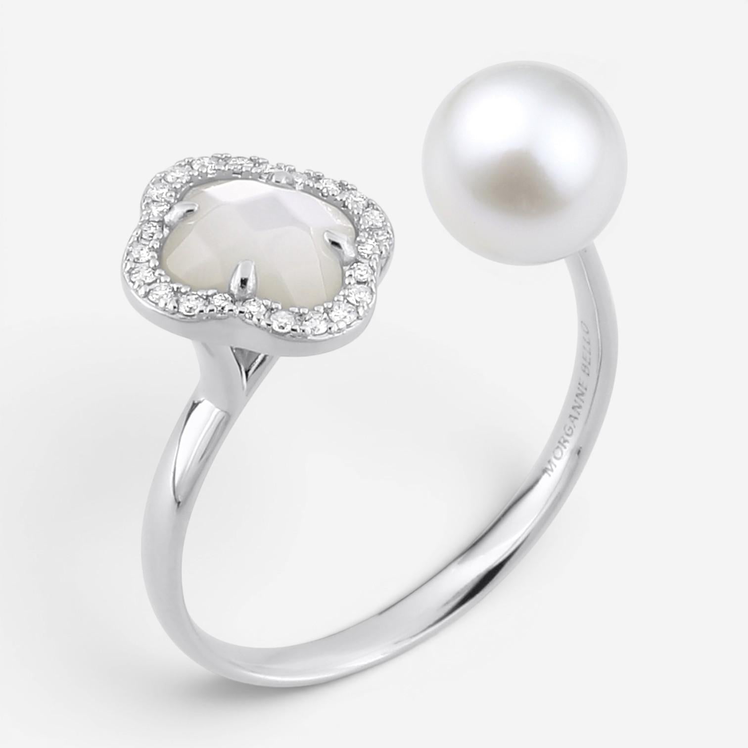 Morganne Bello Victoria Pearls 18K White Gold Pearl & Diamond Open Ring 3061WB21 — view 3